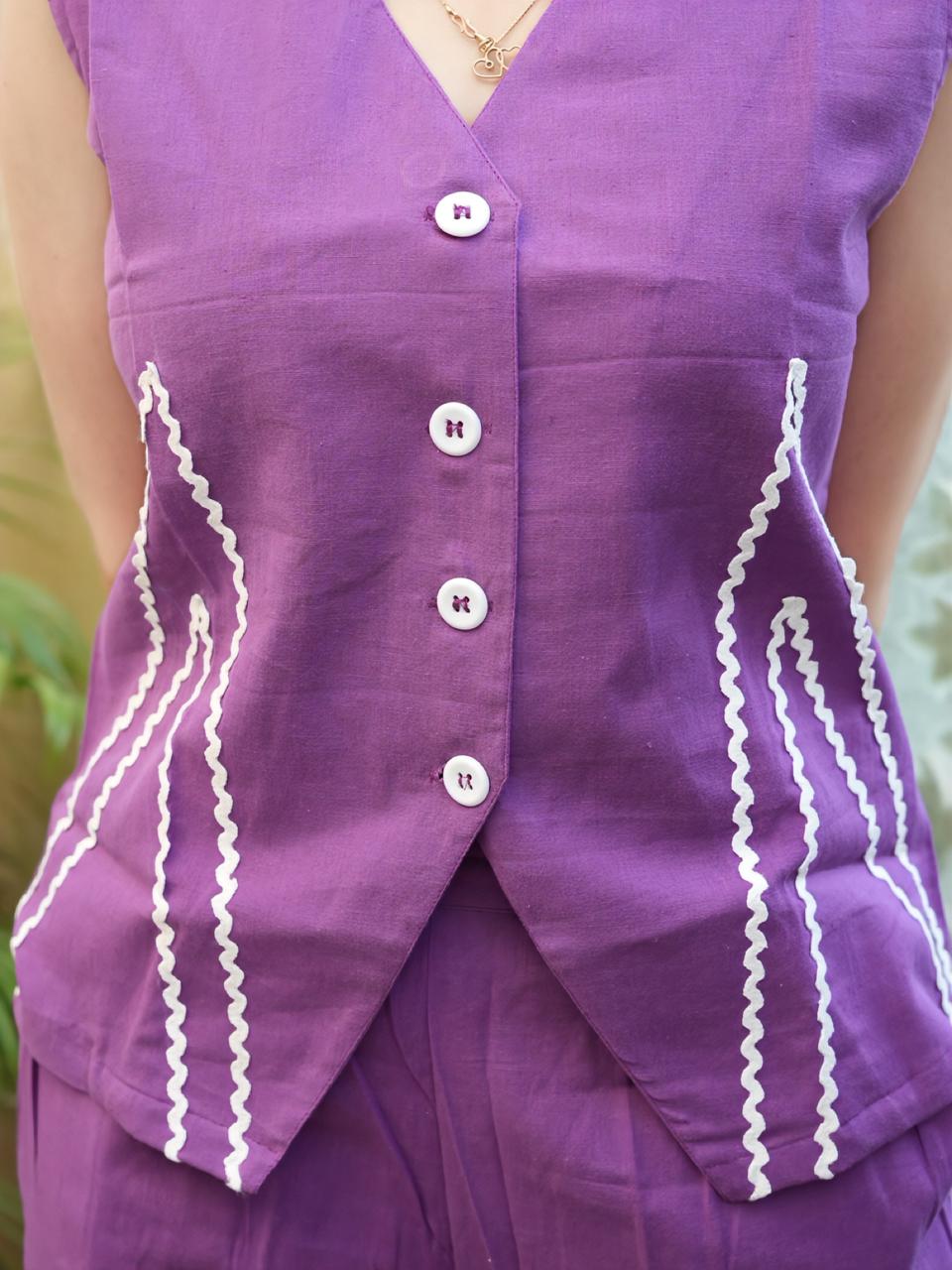 Women's Cotton Flex Co-Ord Set with Designer Button Vest Top & Pocket Pants – Purple/Pink