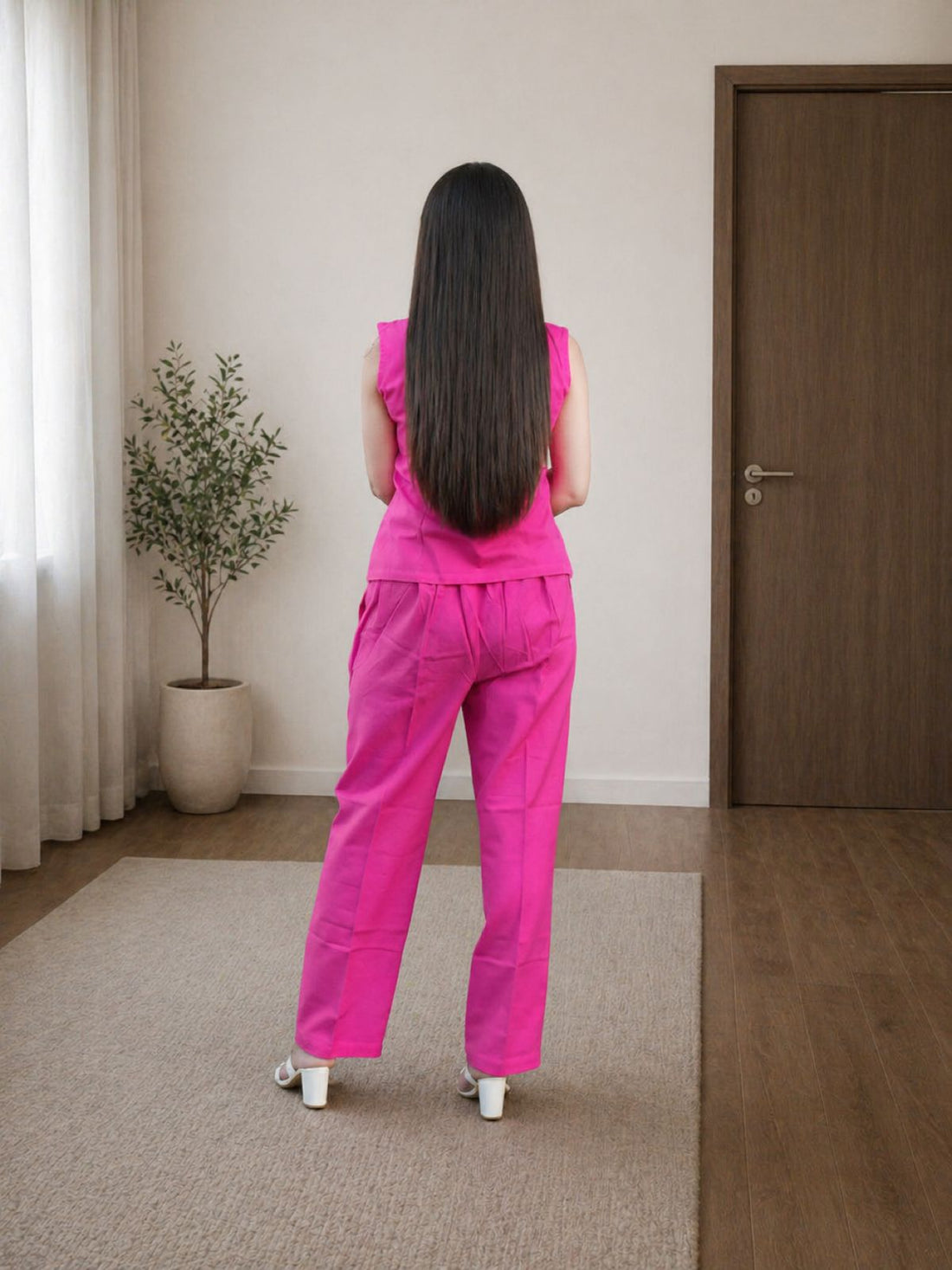 Women's Cotton Flex Co-Ord Set with Designer Button Vest Top & Pocket Pants – Purple/Pink