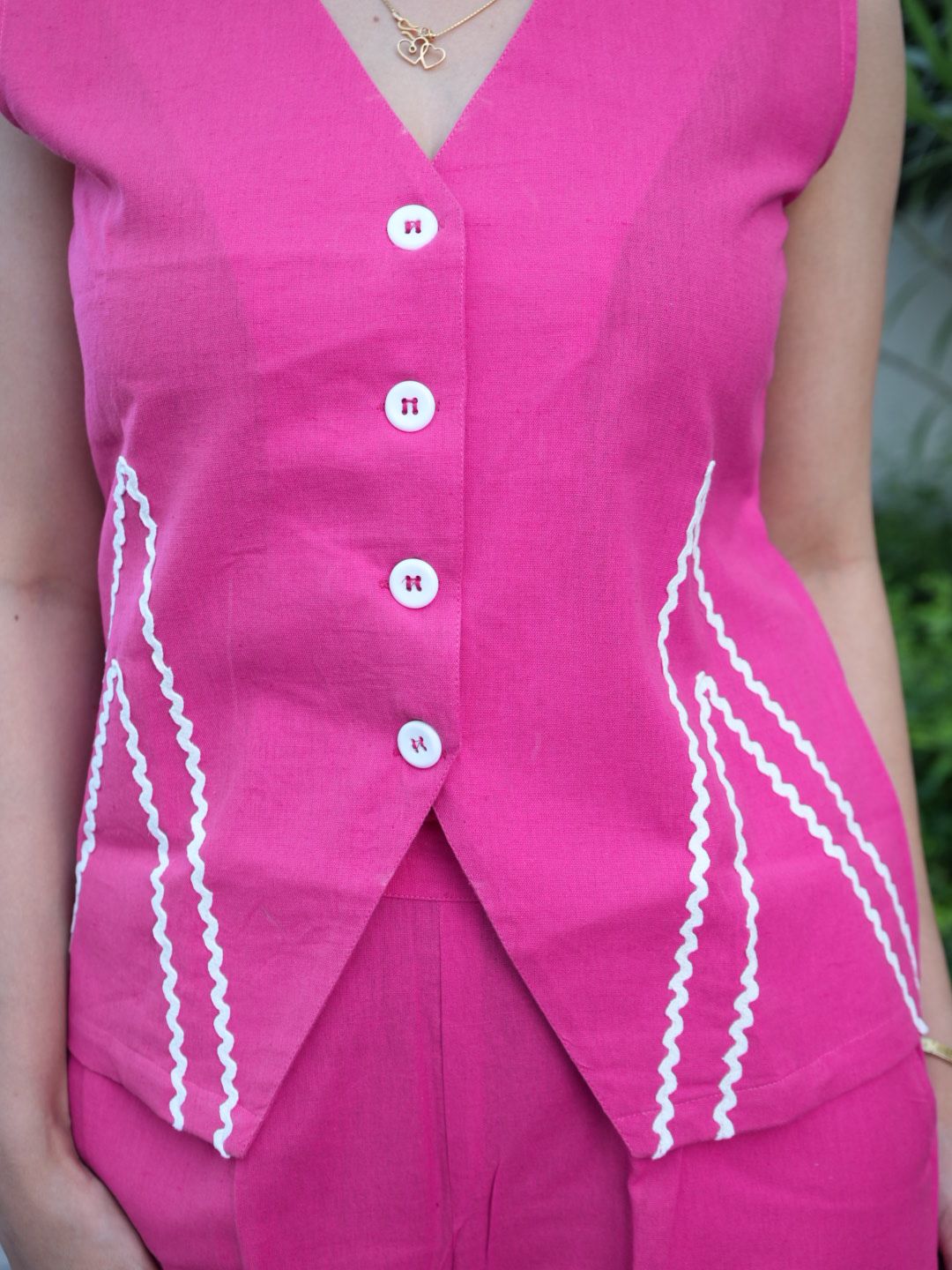 Women's Cotton Flex Co-Ord Set with Designer Button Vest Top & Pocket Pants – Purple/Pink