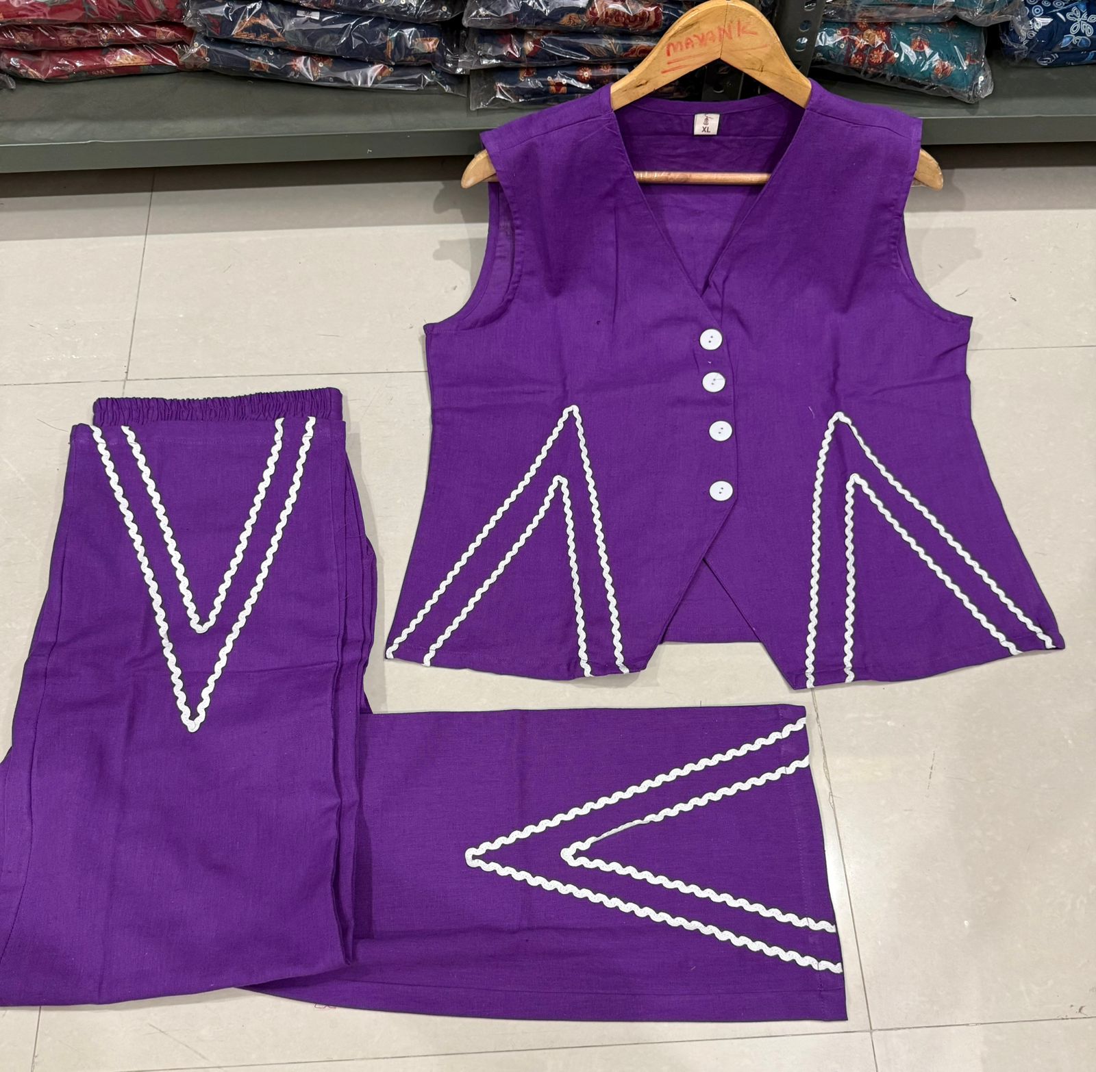 Women's Cotton Flex Co-Ord Set with Designer Button Vest Top & Pocket Pants – Purple/Pink