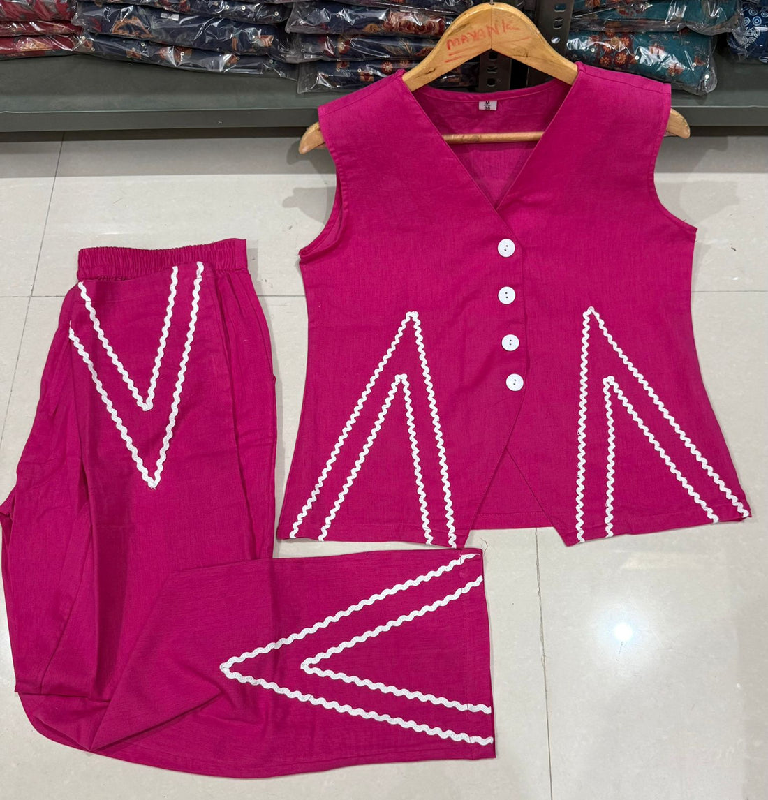 Women's Cotton Flex Co-Ord Set with Designer Button Vest Top & Pocket Pants – Purple/Pink