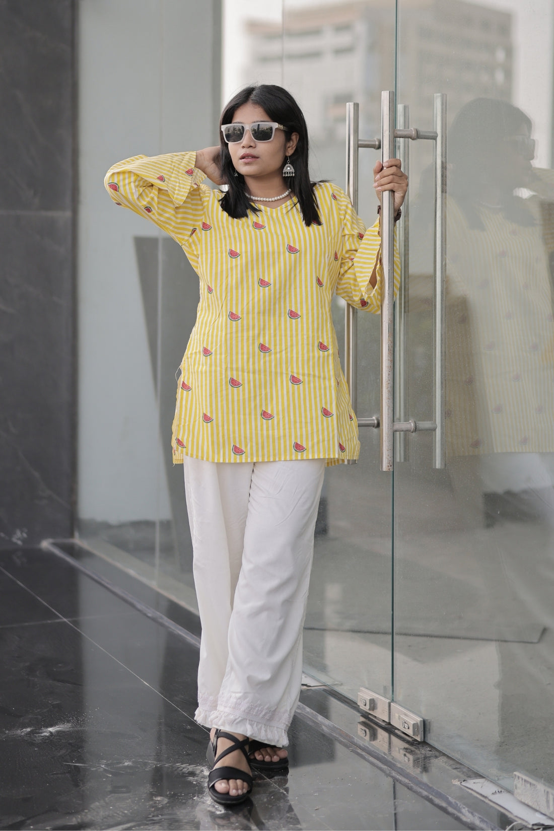 Women’s Yellow Striped Printed Bell Sleeve Kurta with Heavy Rayon Palazzo Set