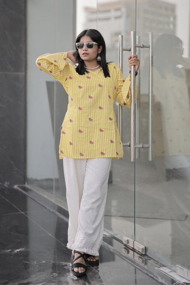 Women’s Yellow Striped Printed Bell Sleeve Kurta with Heavy Rayon Palazzo Set