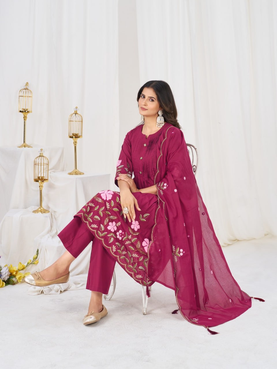 Women’s Pure Cotton Embroidered Anarkali Kurti Pant Dupatta Set | Festive & Party Wear Ethnic Suit Set