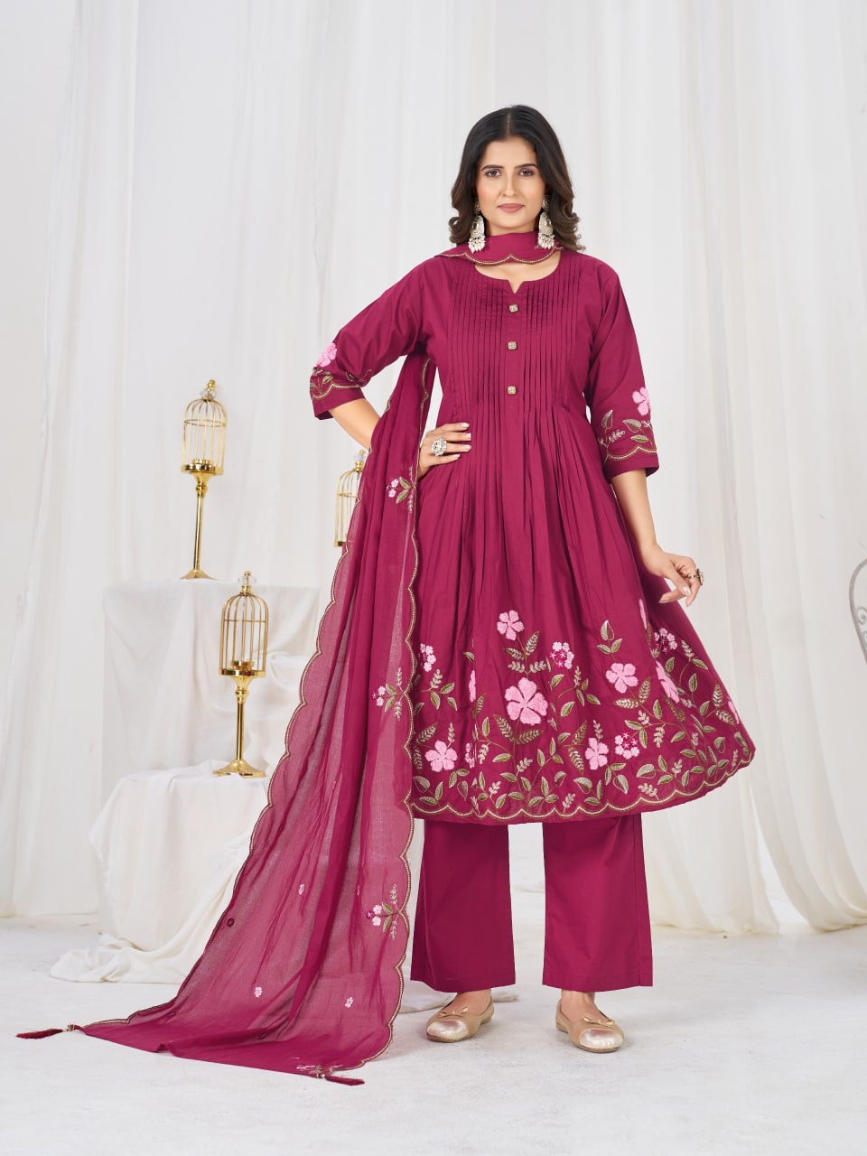 Women’s Pure Cotton Embroidered Anarkali Kurti Pant Dupatta Set | Festive & Party Wear Ethnic Suit Set