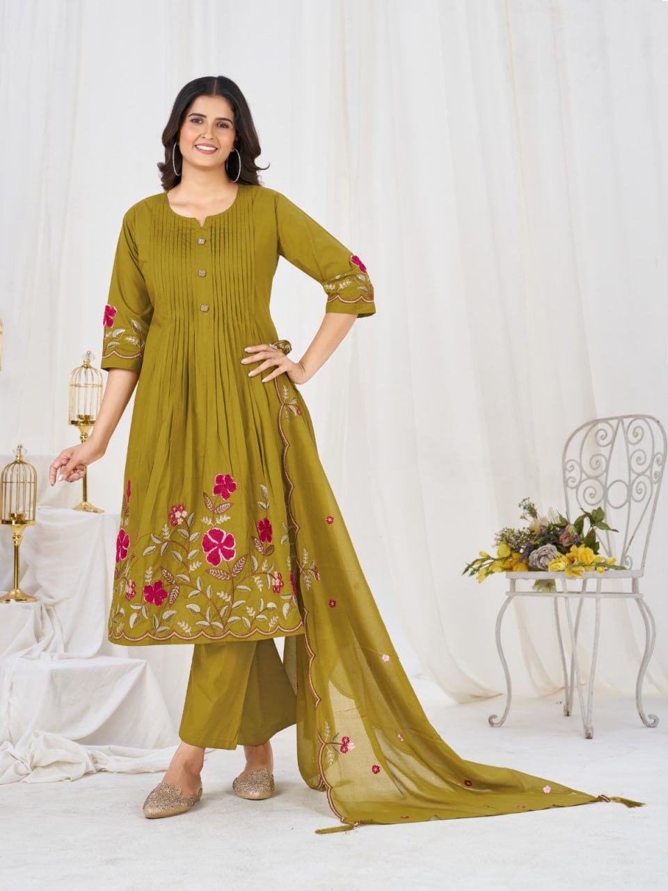 Women’s Pure Cotton Embroidered Anarkali Kurti Pant Dupatta Set | Festive & Party Wear Ethnic Suit Set