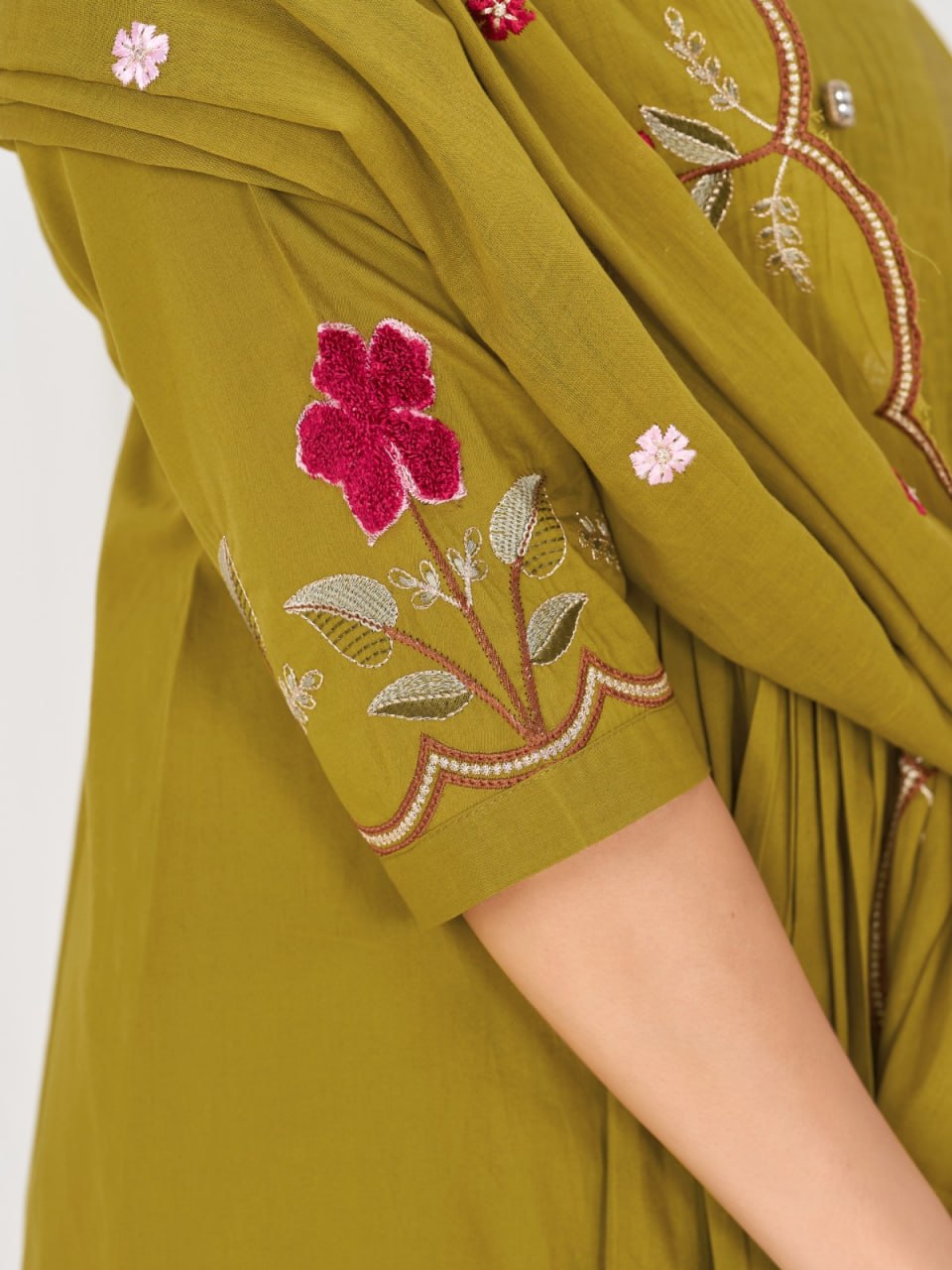 Women’s Pure Cotton Embroidered Anarkali Kurti Pant Dupatta Set | Festive & Party Wear Ethnic Suit Set