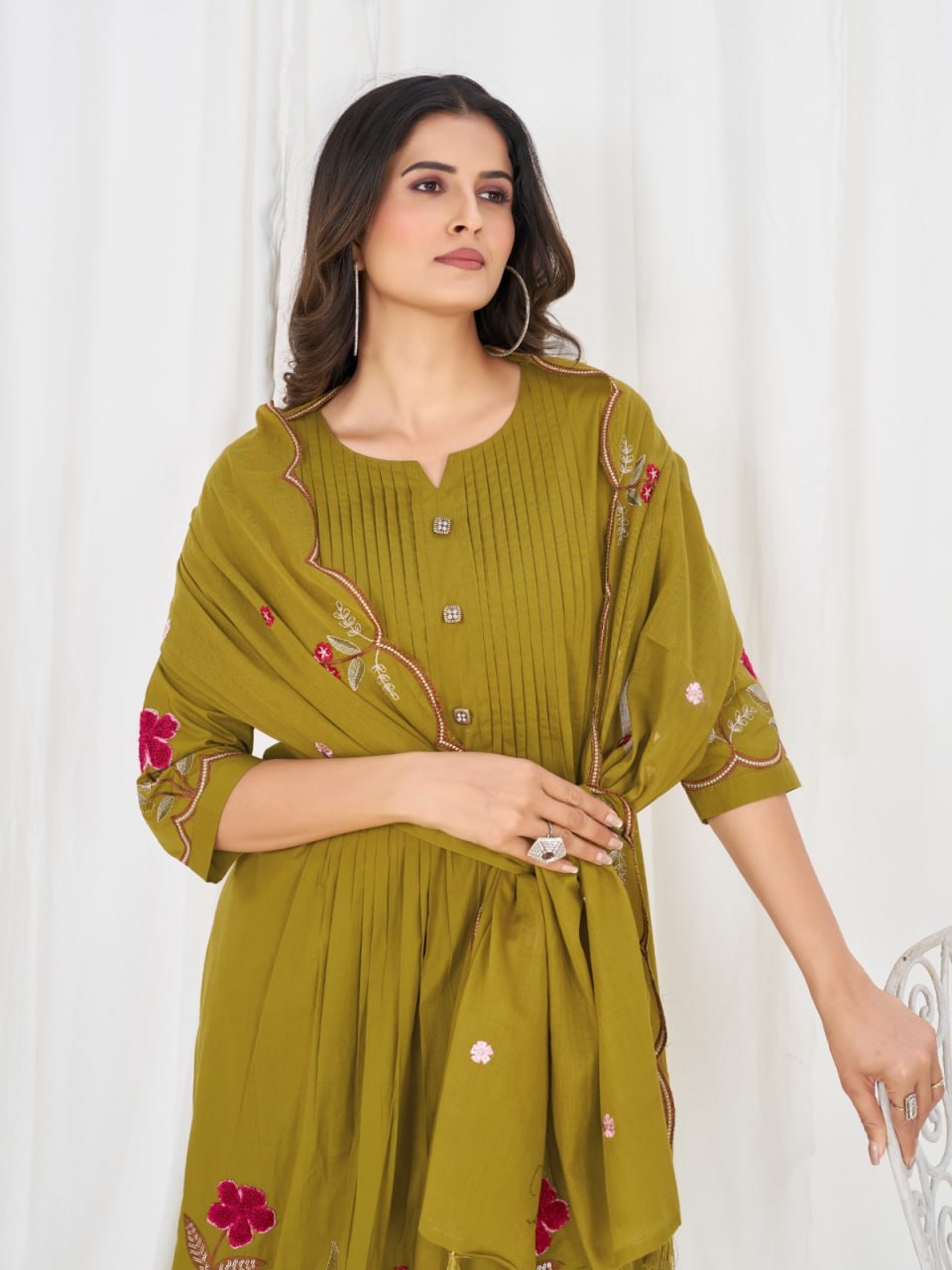 Women’s Pure Cotton Embroidered Anarkali Kurti Pant Dupatta Set | Festive & Party Wear Ethnic Suit Set