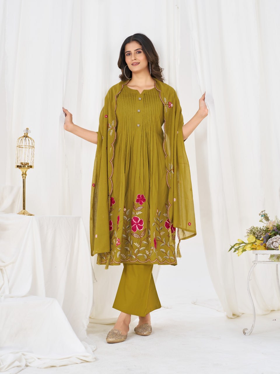 Women’s Pure Cotton Embroidered Anarkali Kurti Pant Dupatta Set | Festive & Party Wear Ethnic Suit Set