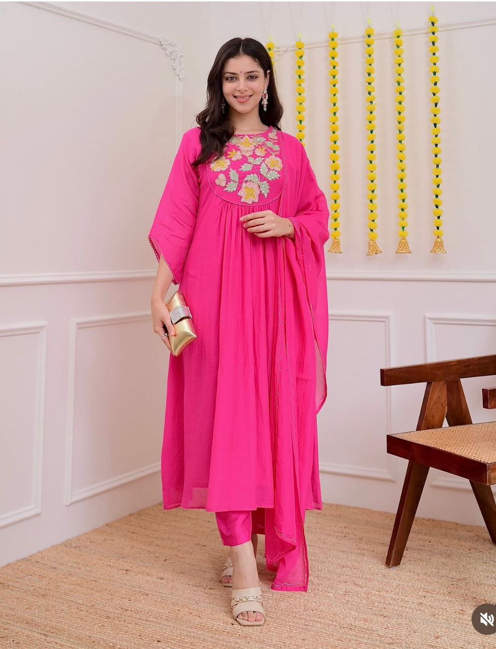 Premium Chanderi Silk Embroidered Kurta Set with Organza Dupatta | Elegant Festive Wear for Women