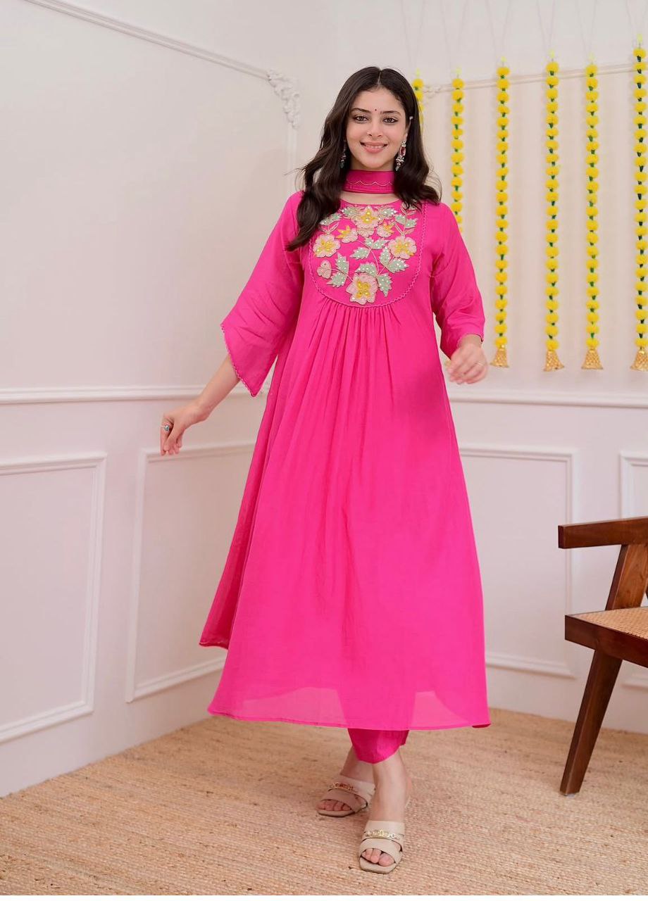 Premium Chanderi Silk Embroidered Kurta Set with Organza Dupatta | Elegant Festive Wear for Women