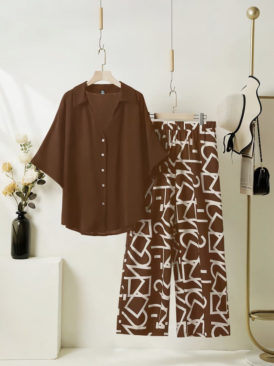 Women's Rayon Co-Ord Set | Solid Button Down Shirt Top & Digital Printed Lycra Palazzo Pant | Casual Lounge Wear | M to XXL