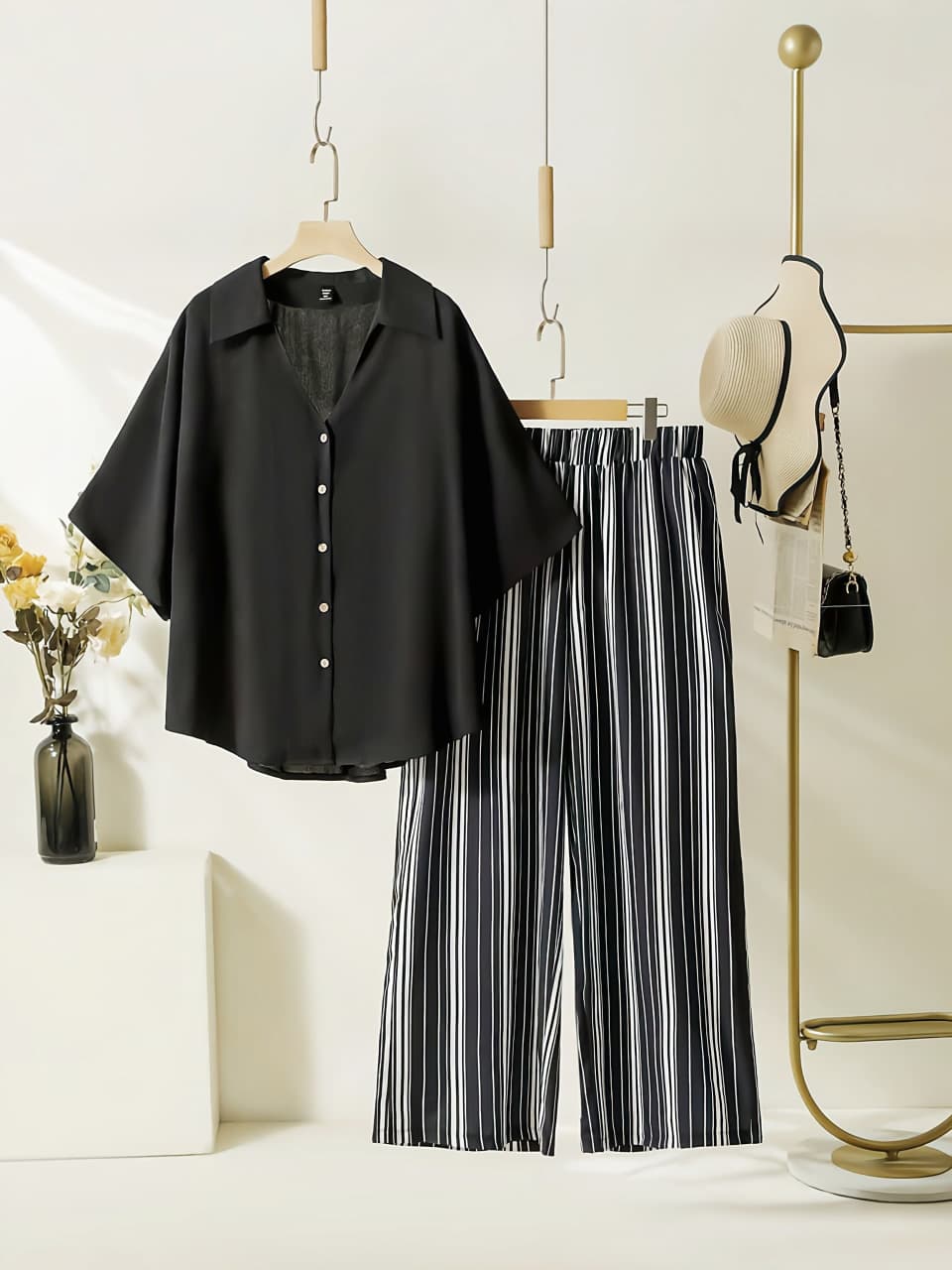 Women's Black Rayon Shirt with Striped Lycra Palazzo Co-Ord Set | Casual Shirt & Palazzo Set | Digital Print | Side Pocket