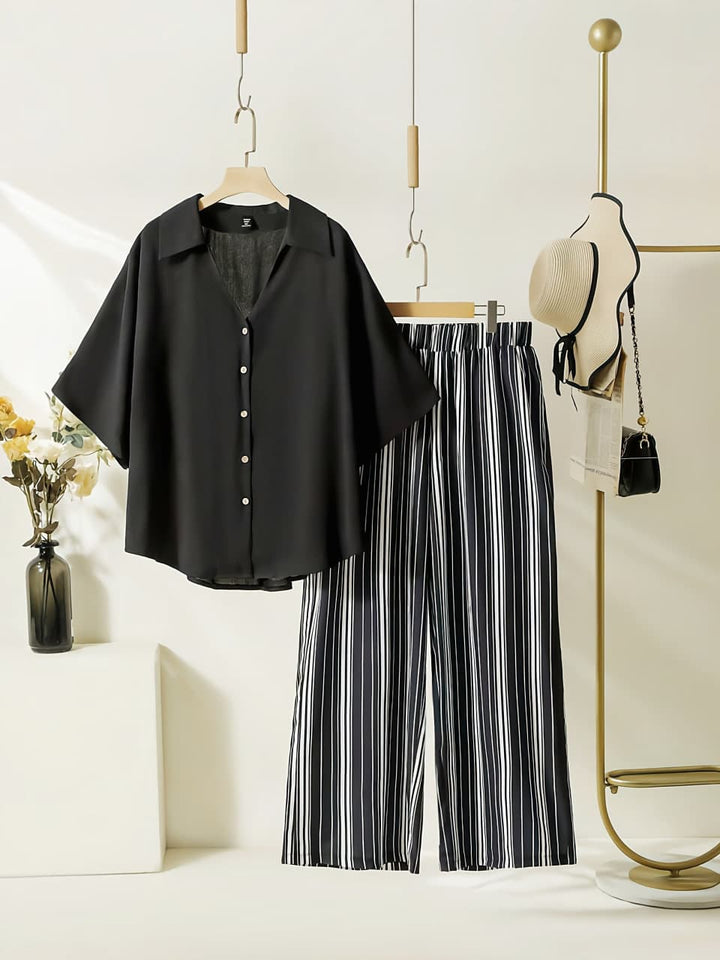 Women's Black Rayon Shirt with Striped Lycra Palazzo Co-Ord Set | Casual Shirt & Palazzo Set | Digital Print | Side Pocket