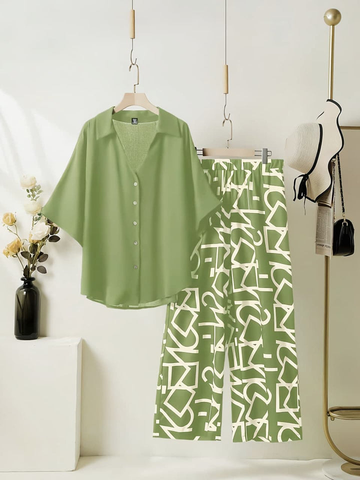 Women's Rayon Co-Ord Set | Solid Button Down Shirt Top & Digital Printed Lycra Palazzo Pant | Casual Lounge Wear | M to XXL