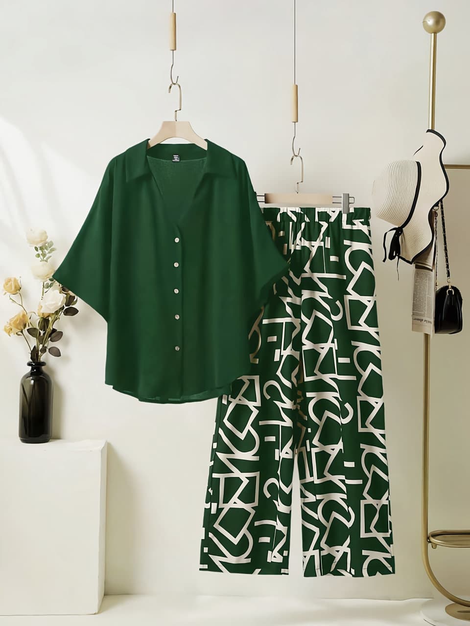 Women's Rayon Co-Ord Set | Solid Button Down Shirt Top & Digital Printed Lycra Palazzo Pant | Casual Lounge Wear | M to XXL