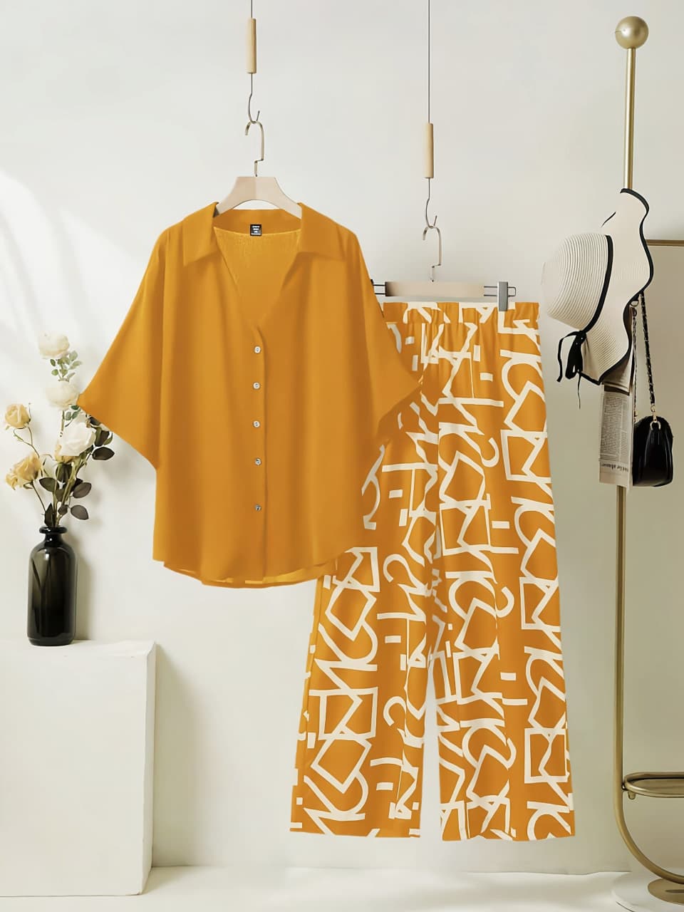 Women's Rayon Co-Ord Set | Solid Button Down Shirt Top & Digital Printed Lycra Palazzo Pant | Casual Lounge Wear | M to XXL