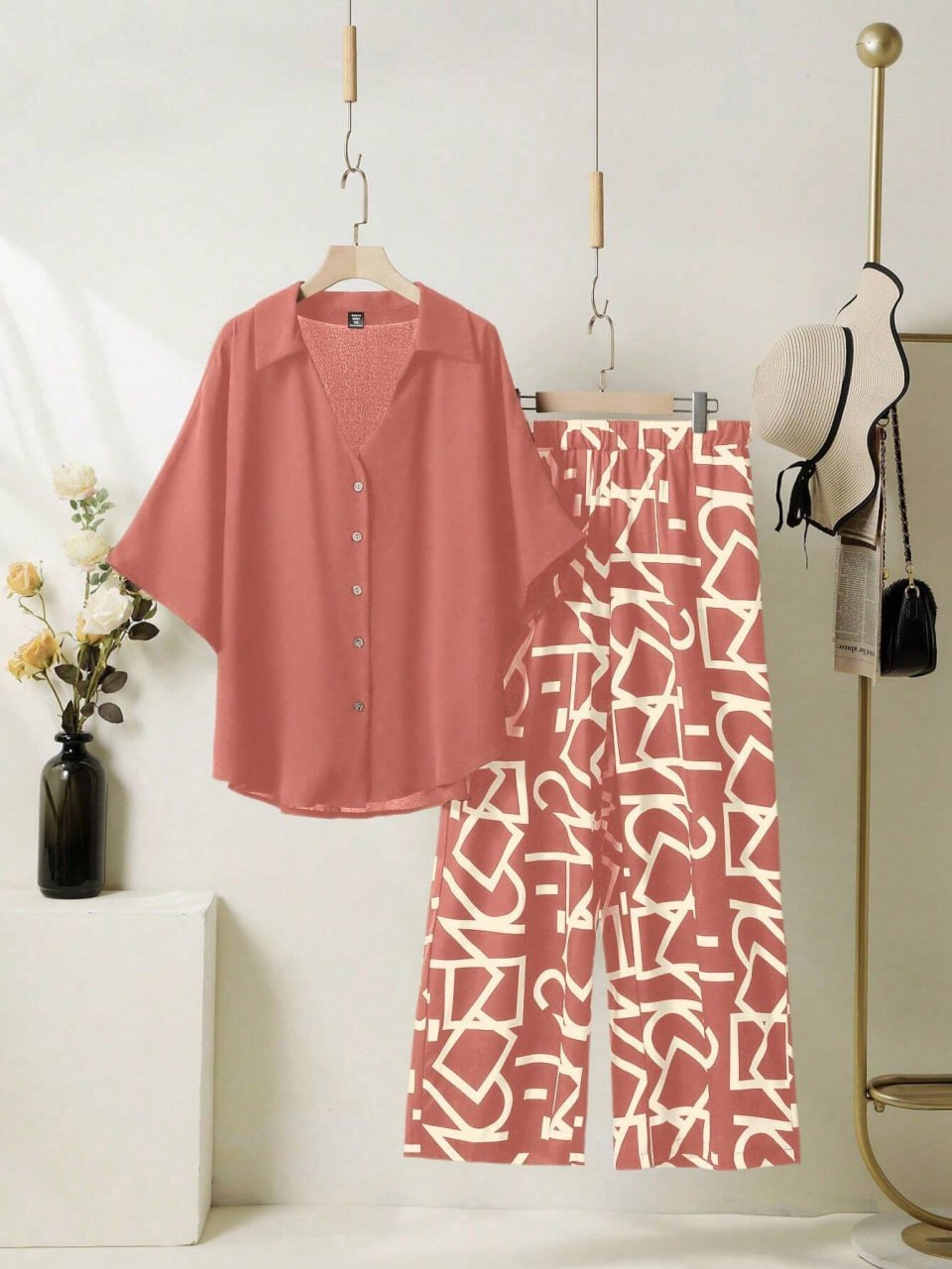 Women's Rayon Co-Ord Set | Solid Button Down Shirt Top & Digital Printed Lycra Palazzo Pant | Casual Lounge Wear | M to XXL