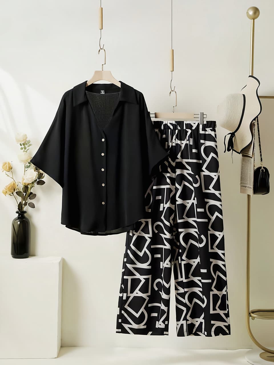 Women's Rayon Co-Ord Set | Solid Button Down Shirt Top & Digital Printed Lycra Palazzo Pant | Casual Lounge Wear | M to XXL
