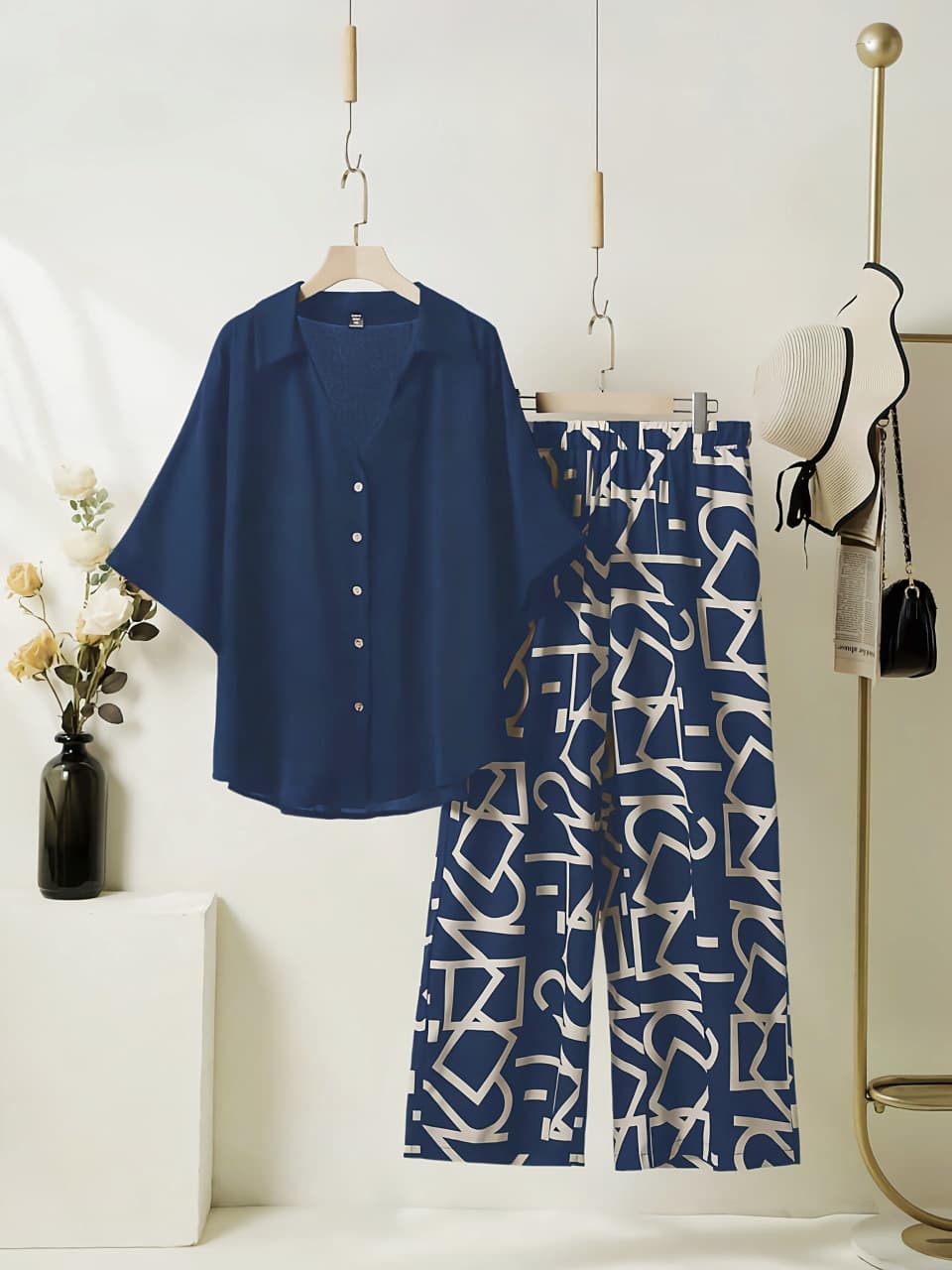 Women's Rayon Co-Ord Set | Solid Button Down Shirt Top & Digital Printed Lycra Palazzo Pant | Casual Lounge Wear | M to XXL