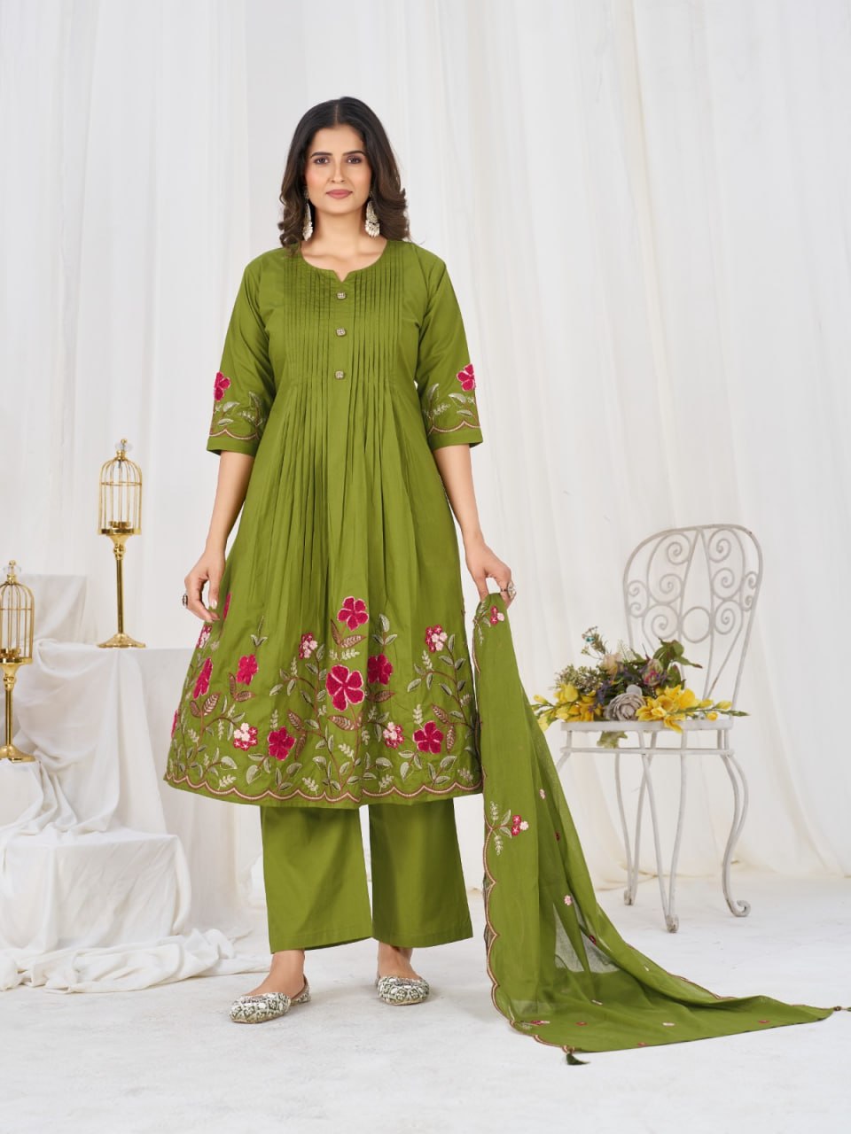 Women’s Pure Cotton Embroidered Anarkali Kurti Pant Dupatta Set | Festive & Party Wear Ethnic Suit Set