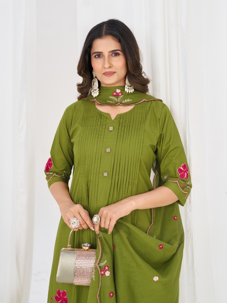 Women’s Pure Cotton Embroidered Anarkali Kurti Pant Dupatta Set | Festive & Party Wear Ethnic Suit Set