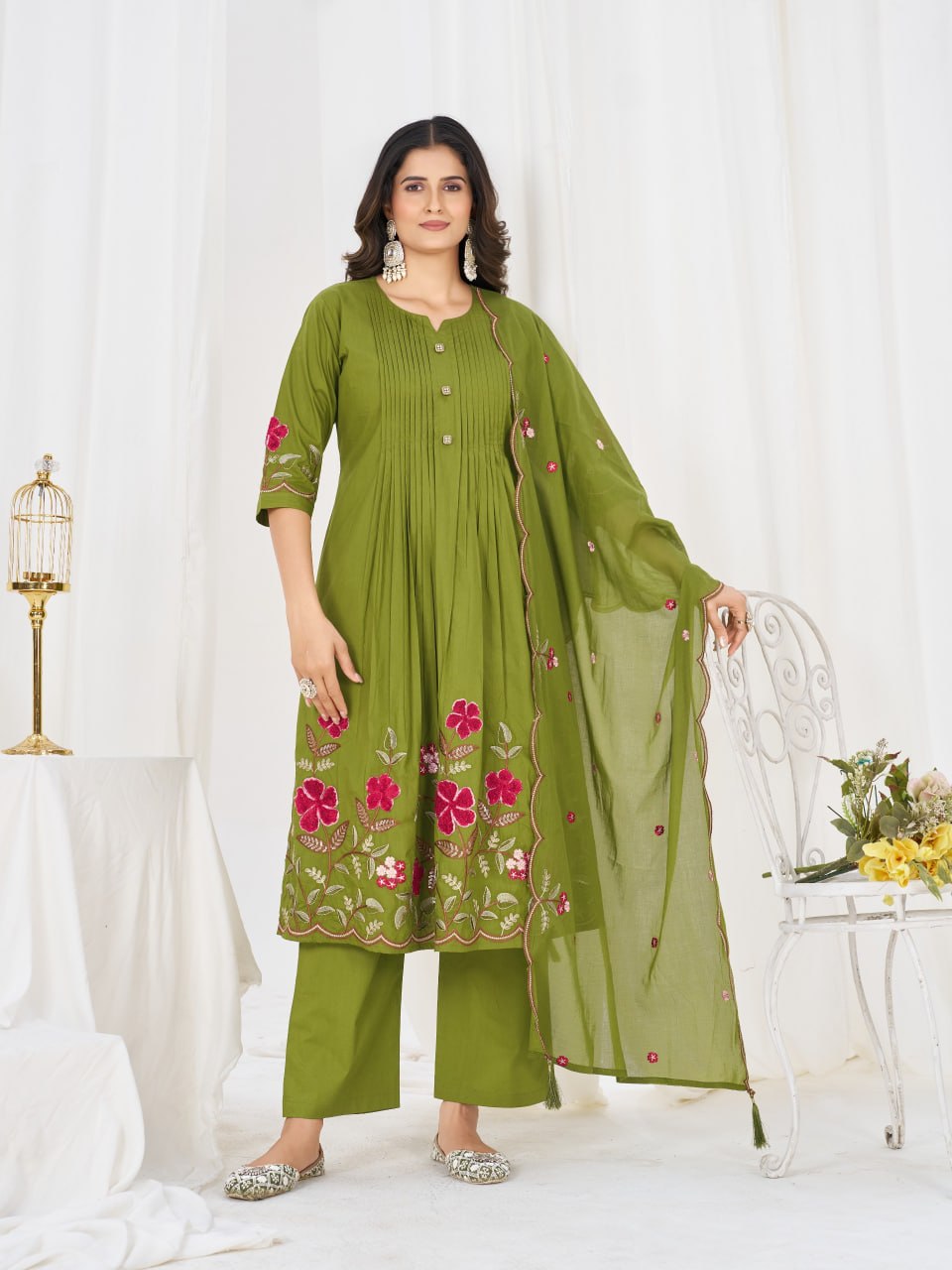 Women’s Pure Cotton Embroidered Anarkali Kurti Pant Dupatta Set | Festive & Party Wear Ethnic Suit Set