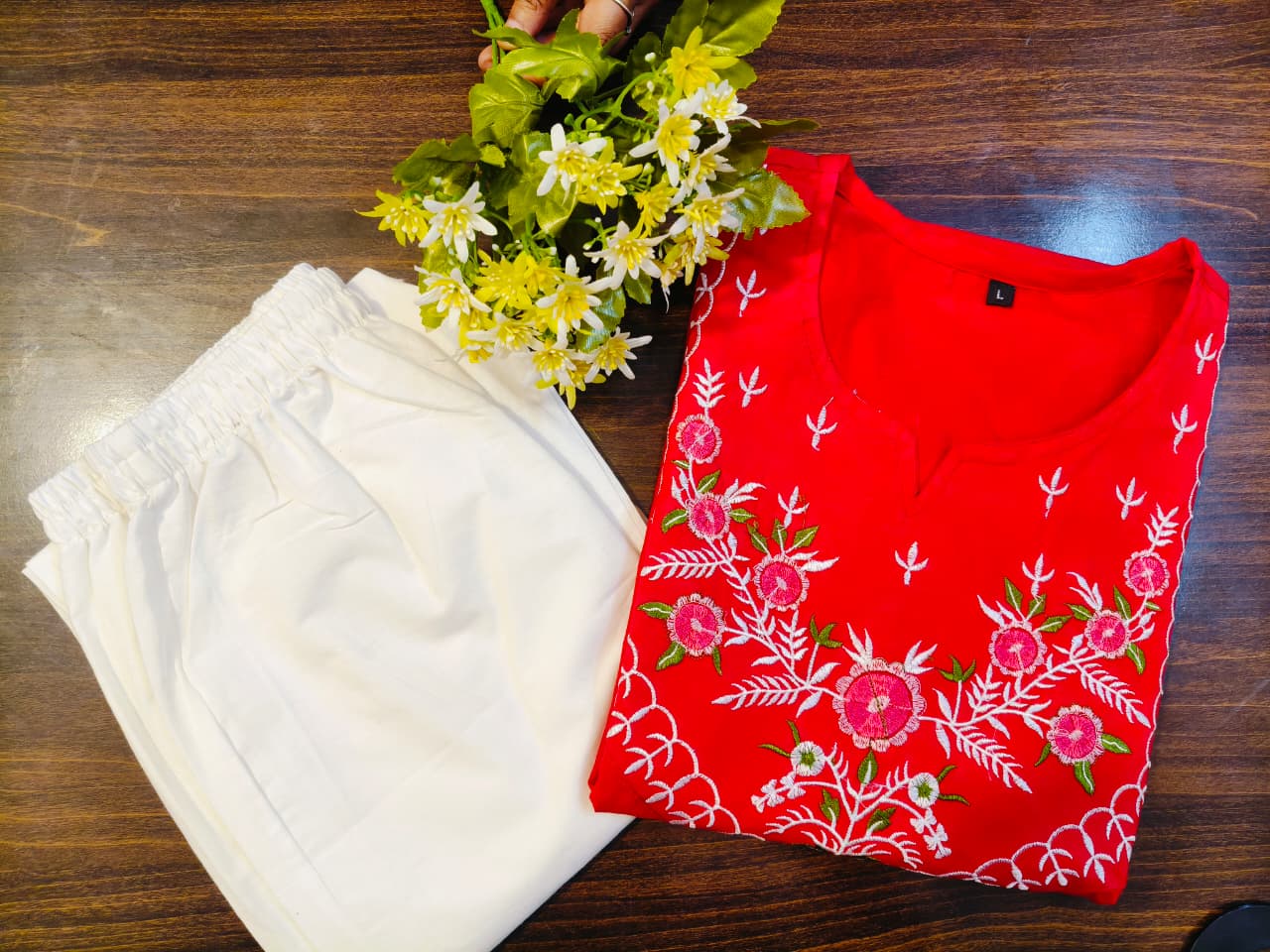Elegant Red Embroidered Co-ord Set for Women | Pure Cotton Kurti Pant Set