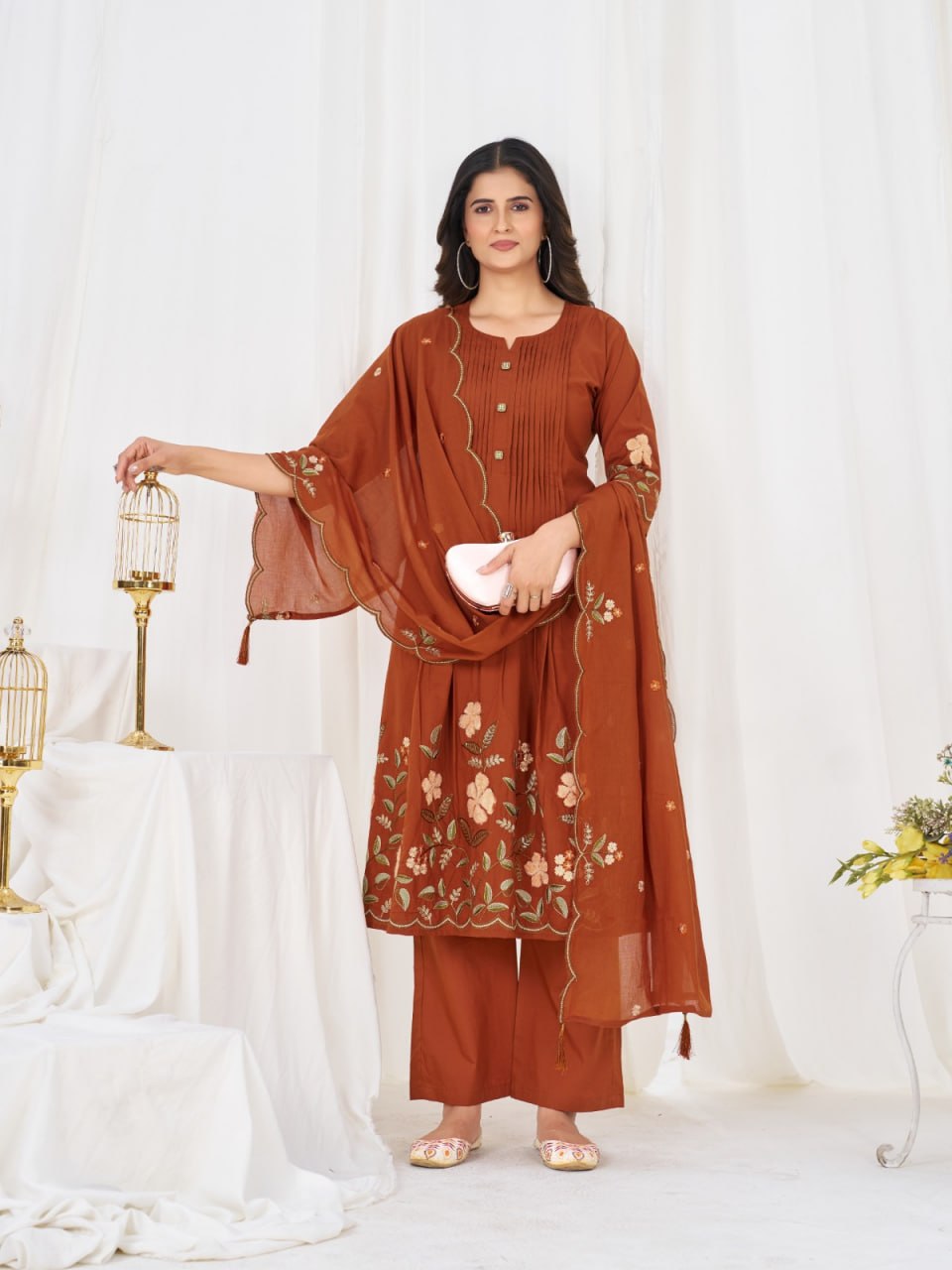 Women’s Pure Cotton Embroidered Anarkali Kurti Pant Dupatta Set | Festive & Party Wear Ethnic Suit Set
