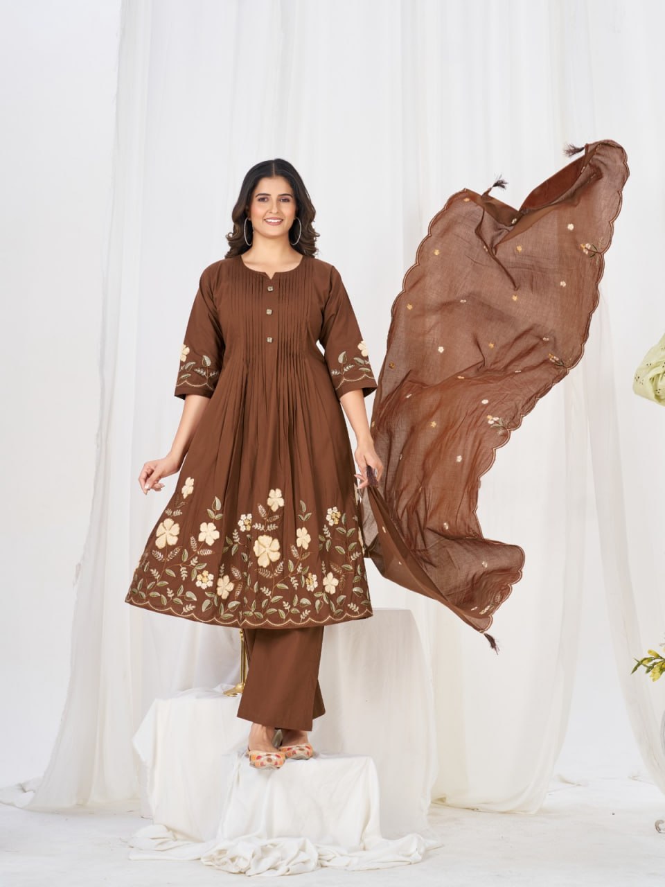 Women’s Pure Cotton Embroidered Anarkali Kurti Pant Dupatta Set | Festive & Party Wear Ethnic Suit Set