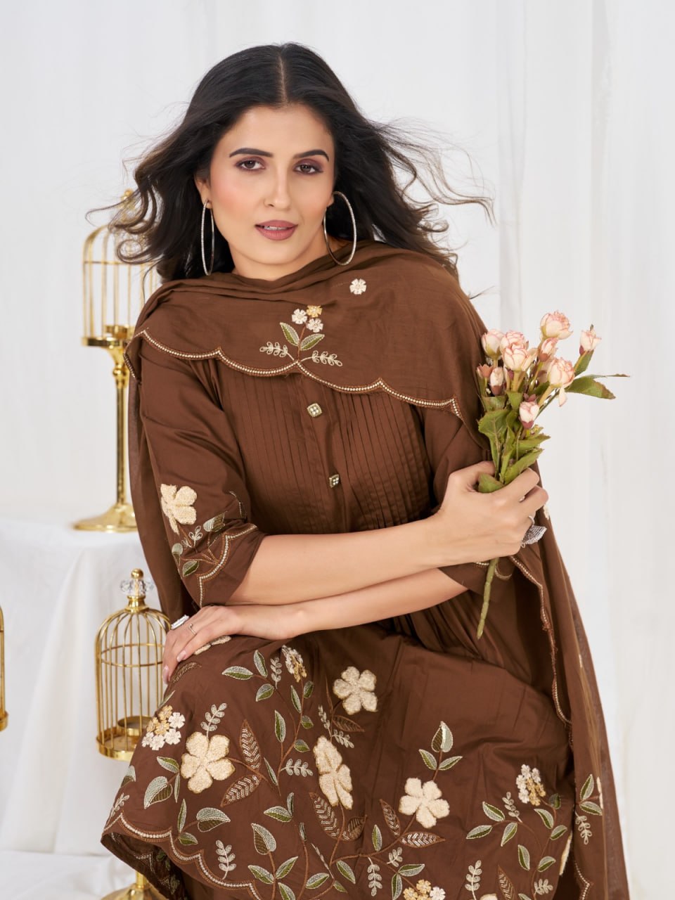 Women’s Pure Cotton Embroidered Anarkali Kurti Pant Dupatta Set | Festive & Party Wear Ethnic Suit Set