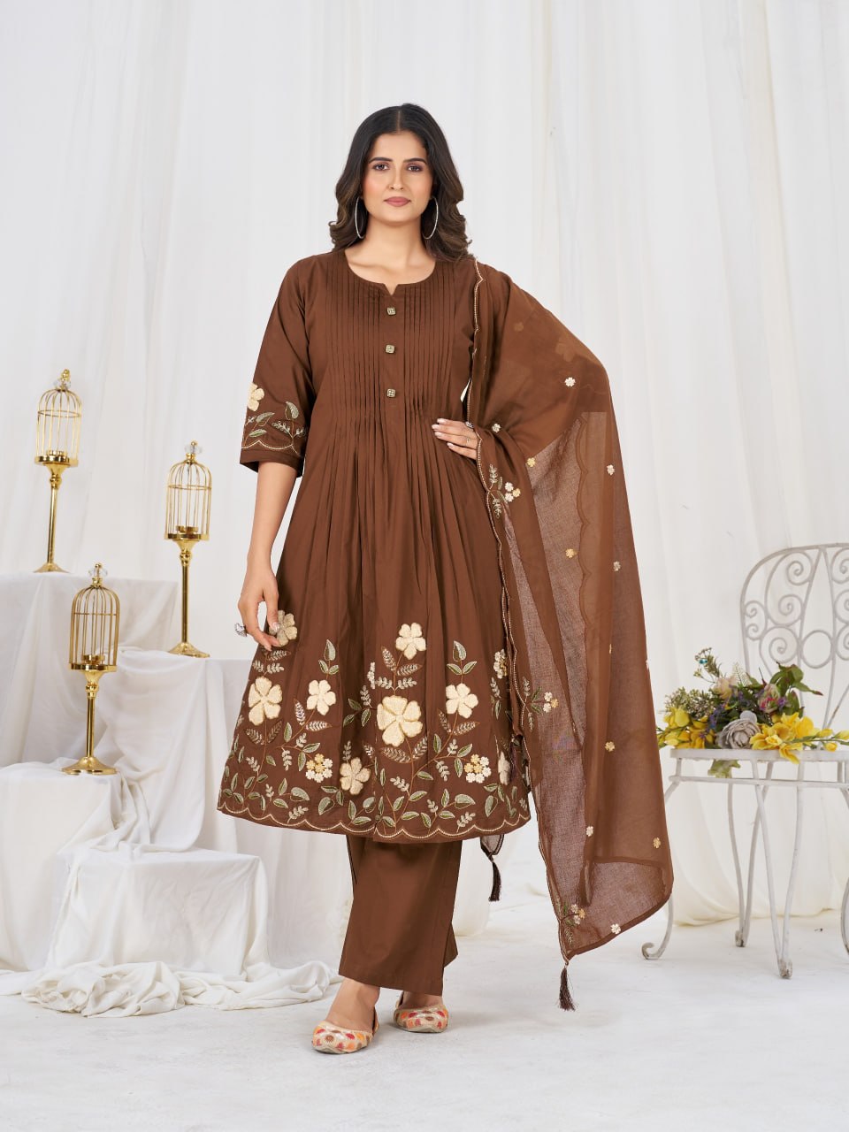 Women’s Pure Cotton Embroidered Anarkali Kurti Pant Dupatta Set | Festive & Party Wear Ethnic Suit Set