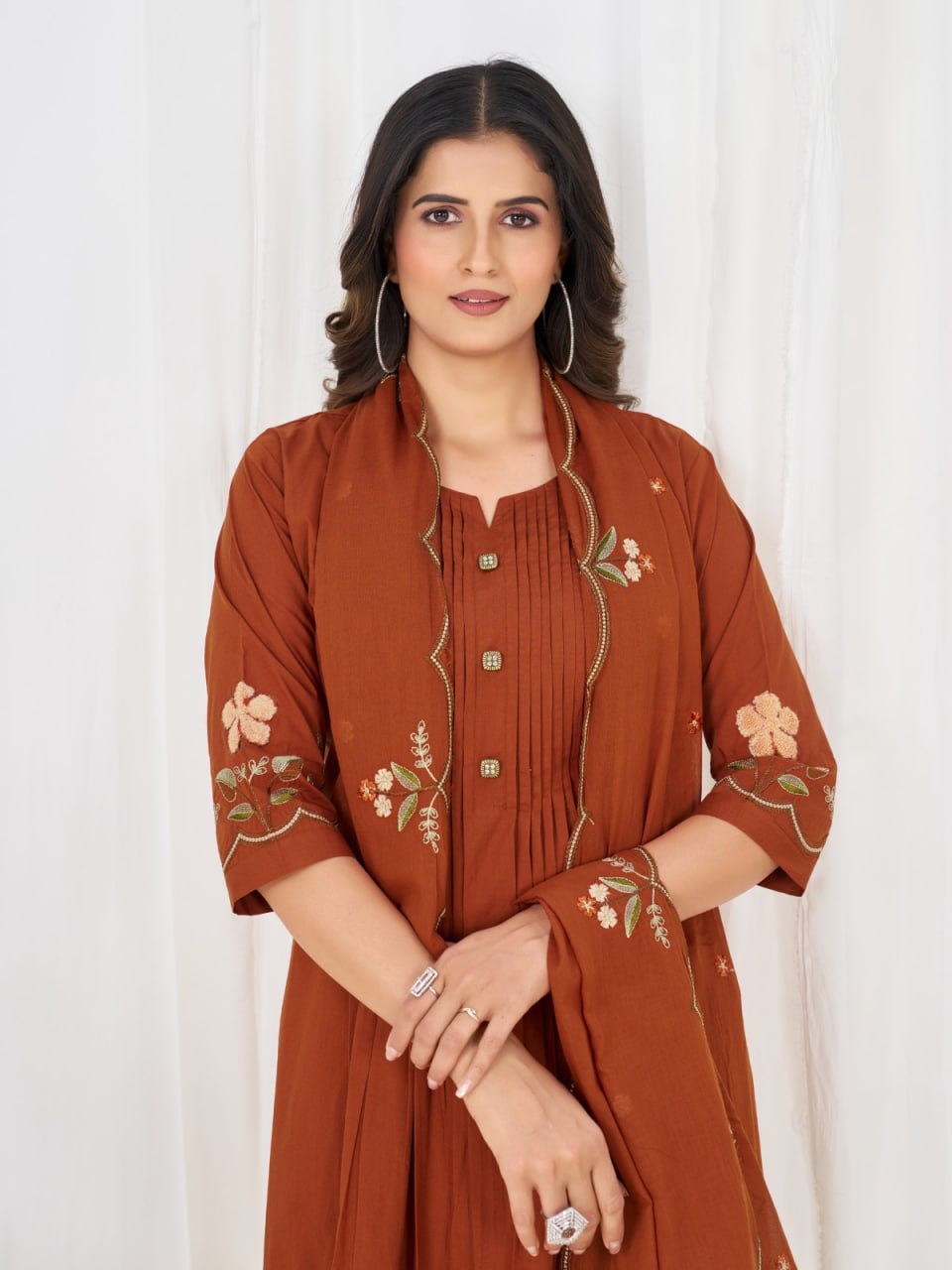 Women’s Pure Cotton Embroidered Anarkali Kurti Pant Dupatta Set | Festive & Party Wear Ethnic Suit Set