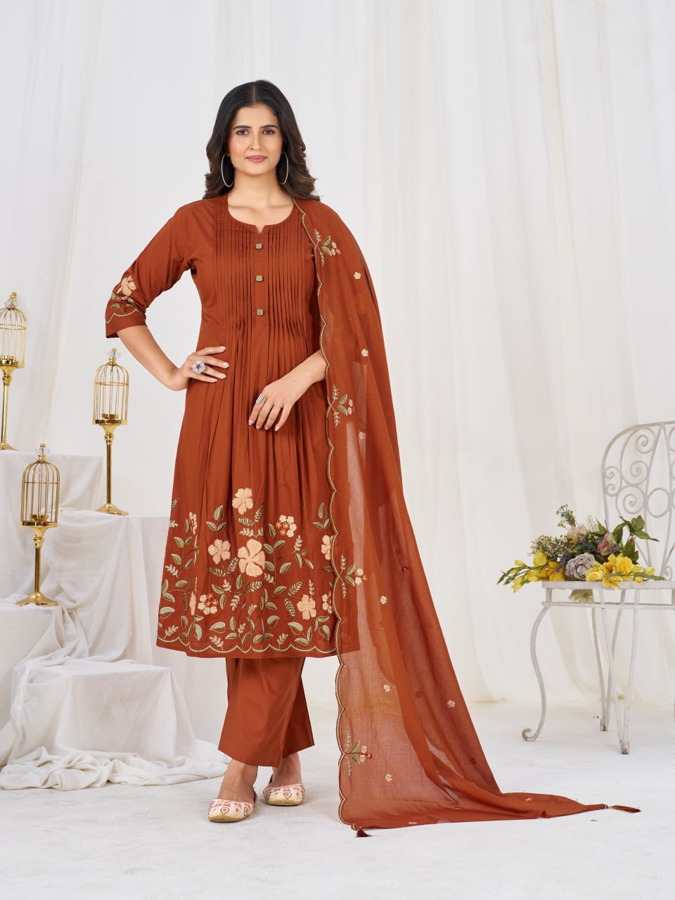 Women’s Pure Cotton Embroidered Anarkali Kurti Pant Dupatta Set | Festive & Party Wear Ethnic Suit Set