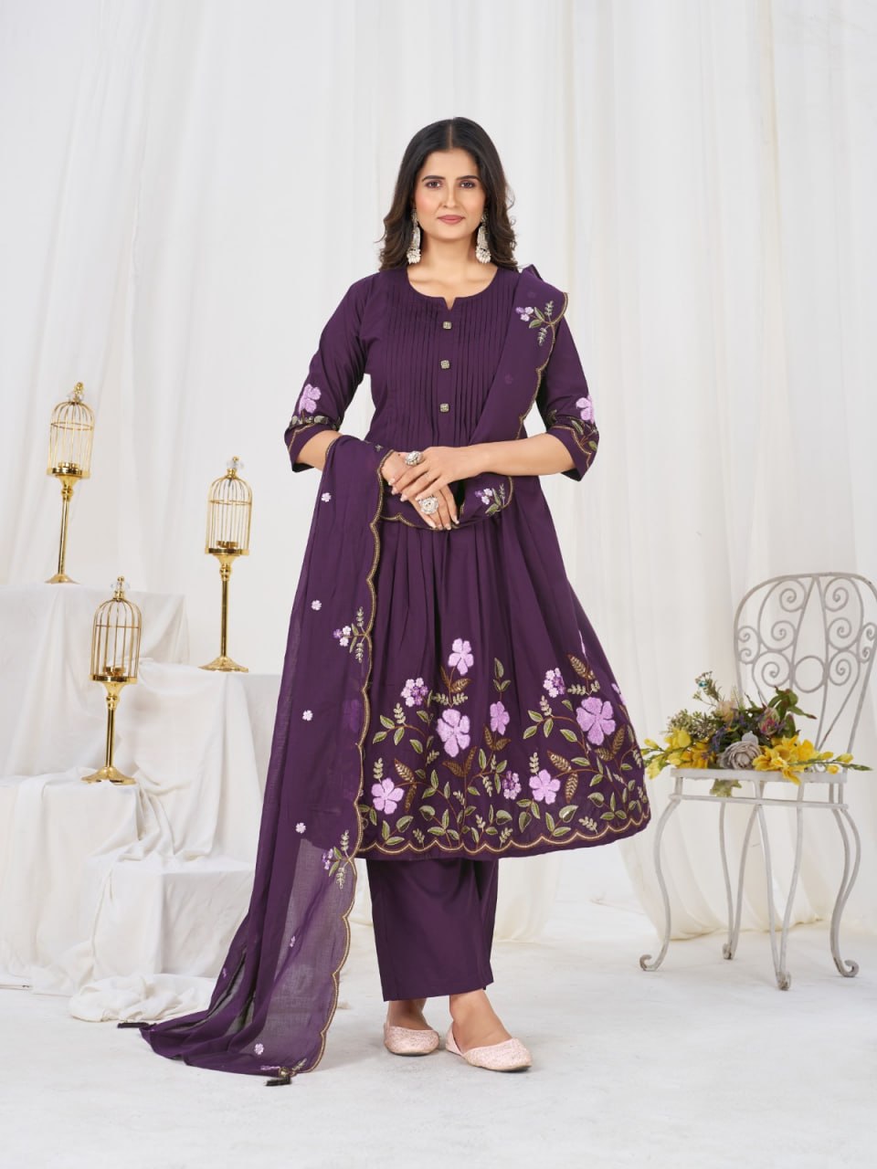 Women’s Pure Cotton Embroidered Anarkali Kurti Pant Dupatta Set | Festive & Party Wear Ethnic Suit Set