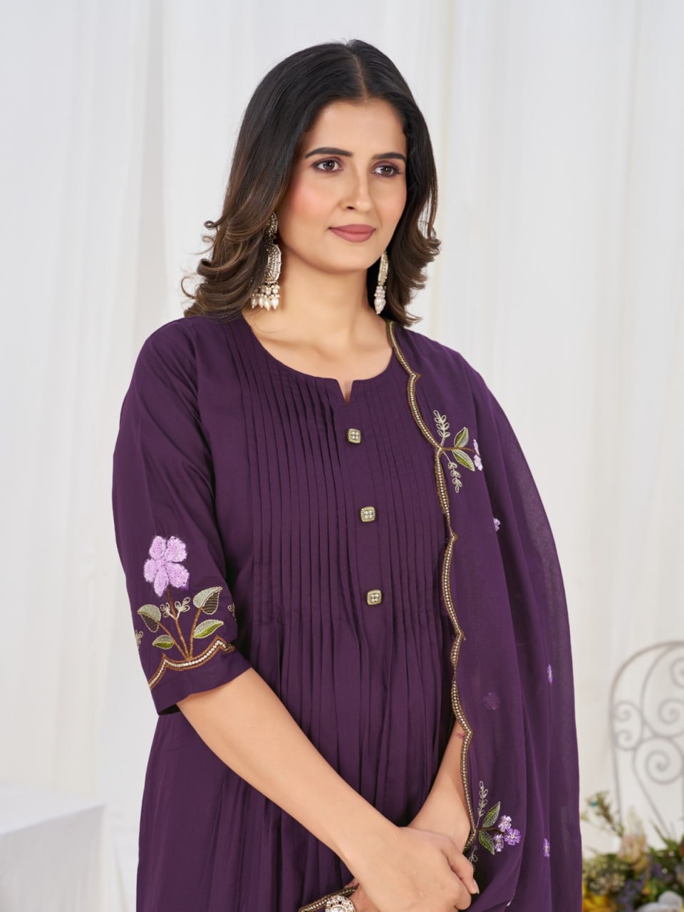 Women’s Pure Cotton Embroidered Anarkali Kurti Pant Dupatta Set | Festive & Party Wear Ethnic Suit Set