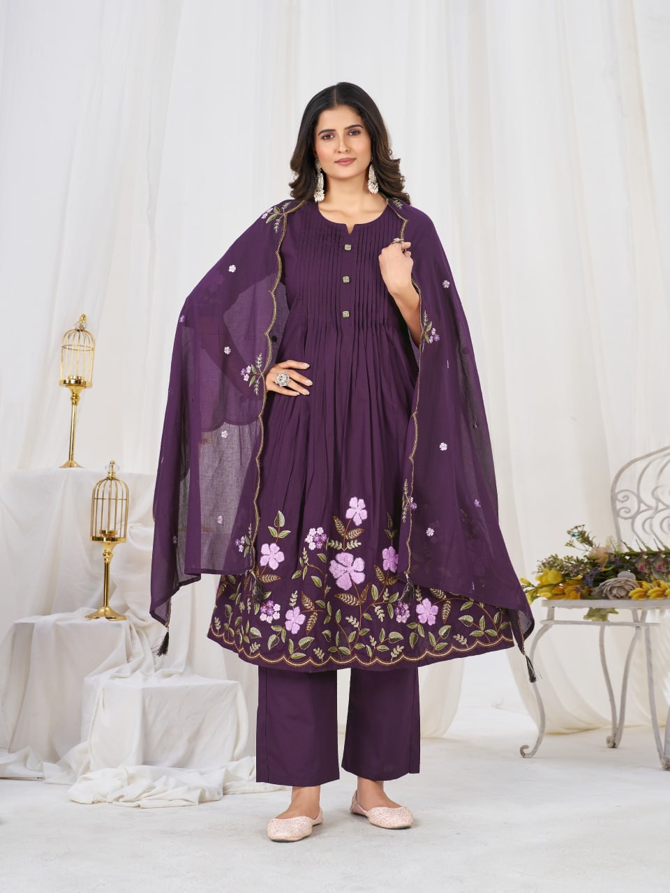 Women’s Pure Cotton Embroidered Anarkali Kurti Pant Dupatta Set | Festive & Party Wear Ethnic Suit Set