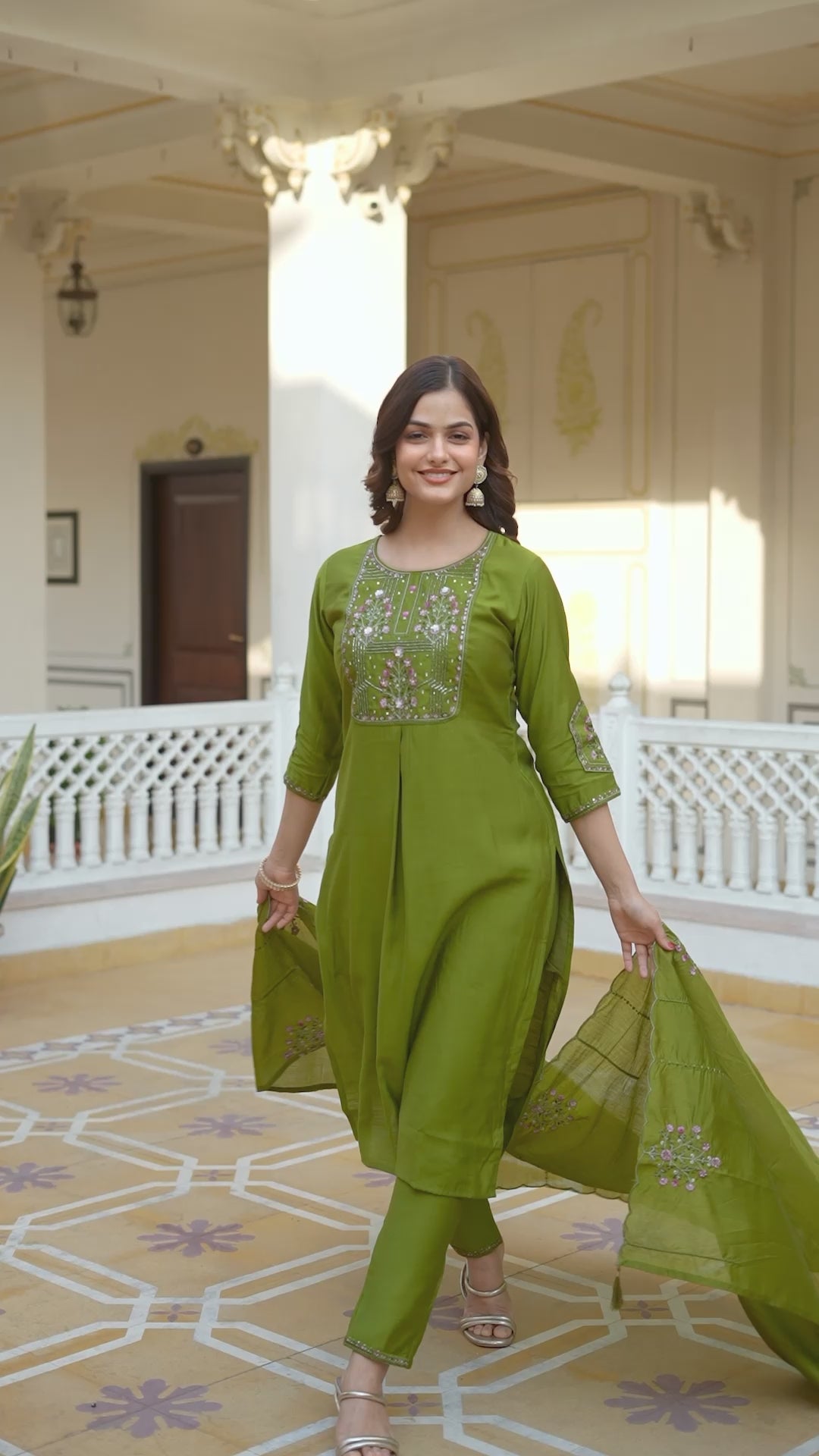 Embroidered Kurti Pant Set with Dupatta – Festive Wear for Women