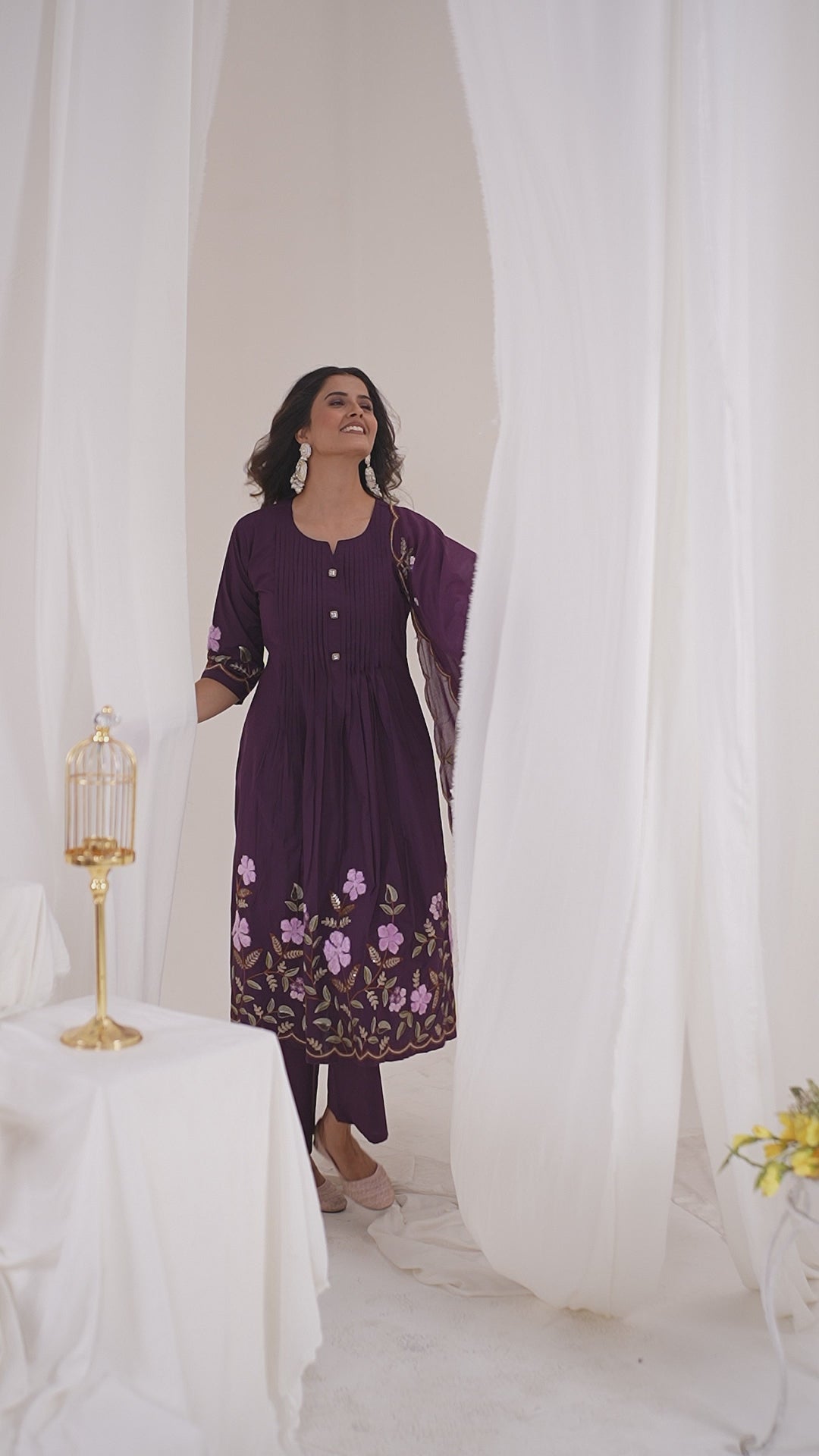 Women’s Pure Cotton Embroidered Anarkali Kurti Pant Dupatta Set | Festive & Party Wear Ethnic Suit Set