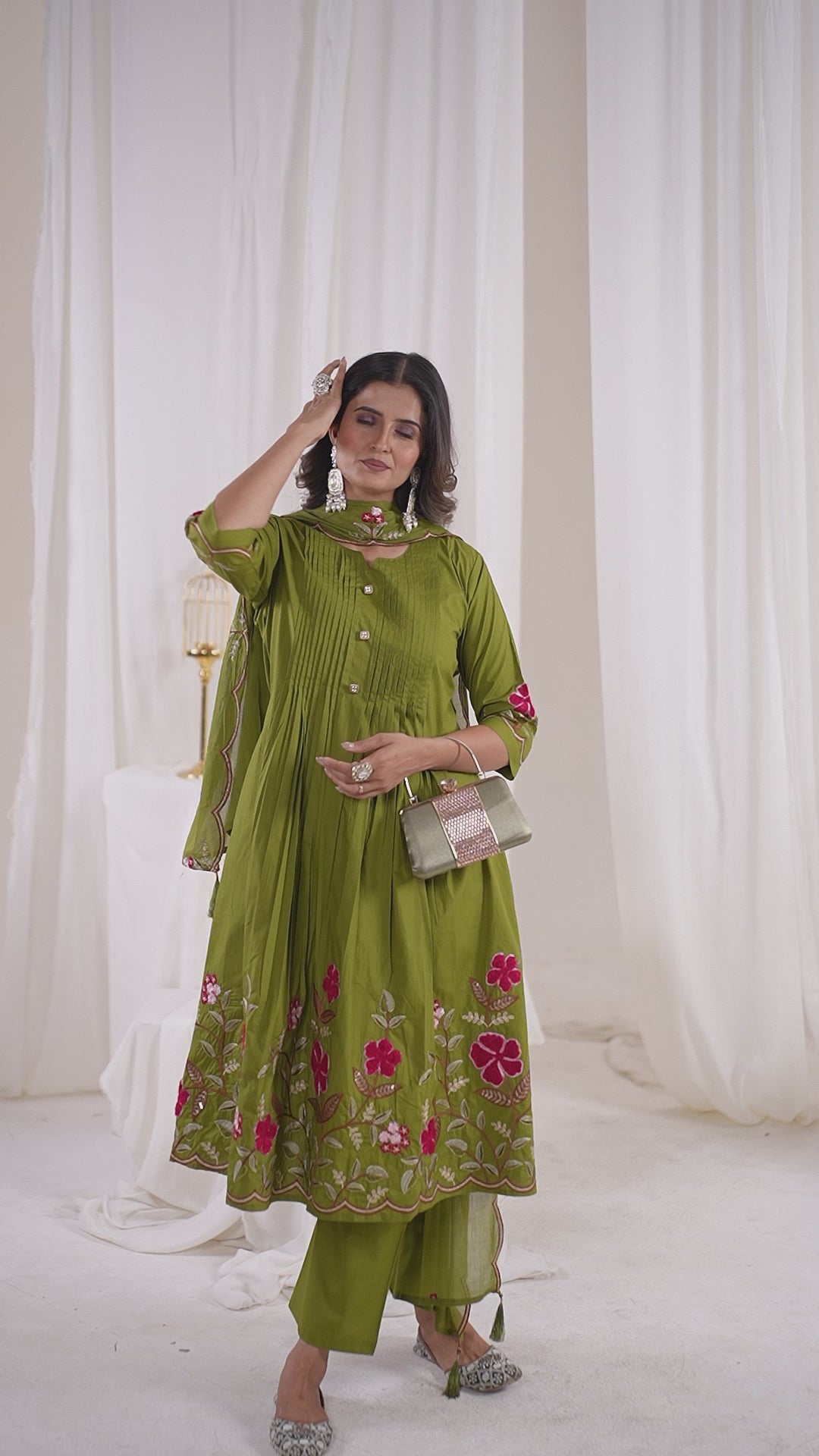 Women’s Pure Cotton Embroidered Anarkali Kurti Pant Dupatta Set | Festive & Party Wear Ethnic Suit Set