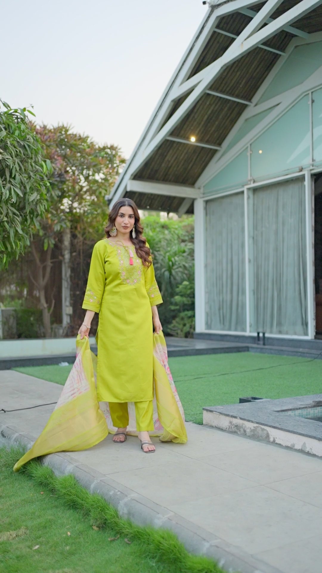 Elegant Parrot Green Embroidered Kurti Pant Dupatta Set | Viscose Silk Festive Wear for Women