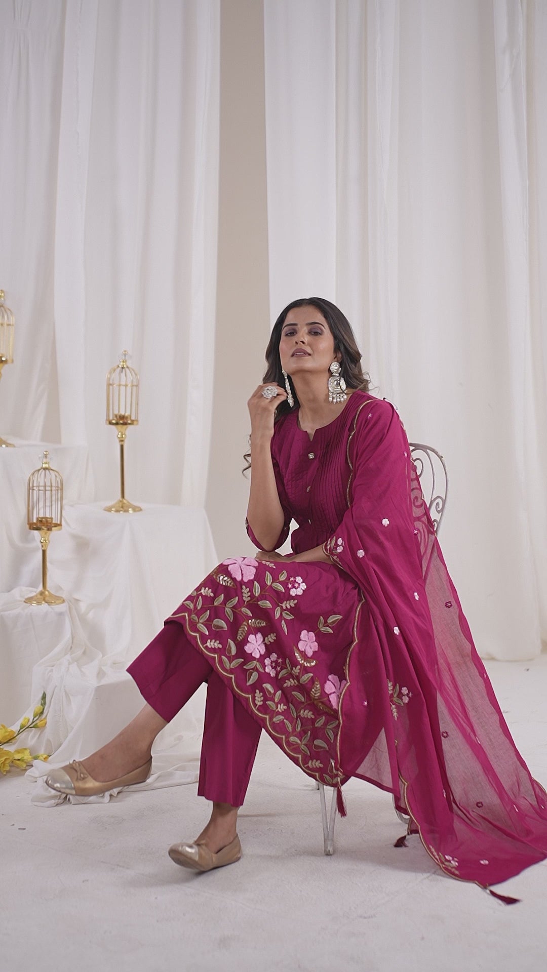 Women’s Pure Cotton Embroidered Anarkali Kurti Pant Dupatta Set | Festive & Party Wear Ethnic Suit Set