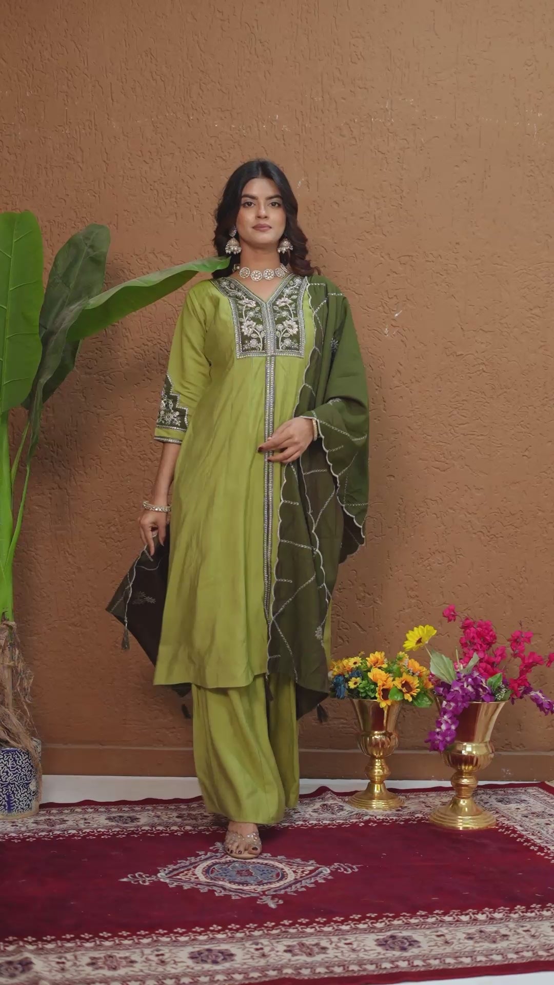 Women’s Olive Green Embroidered Kurta Palazzo Set with Dupatta