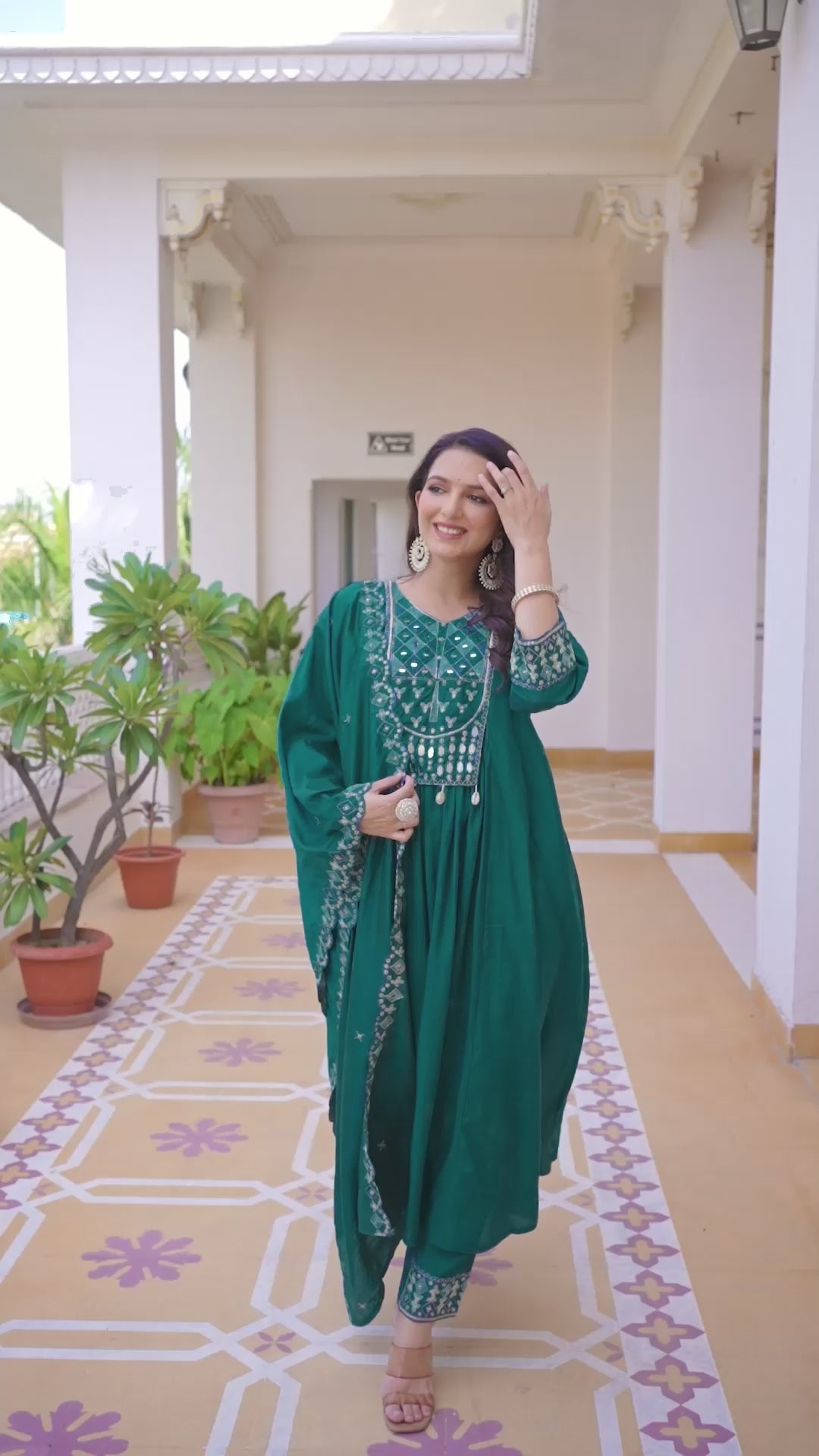 Luxury Anarkali Kurti Set with Real Mirror Work | Viscose Roman Silk Festive Suit with Chanderi Dupatta