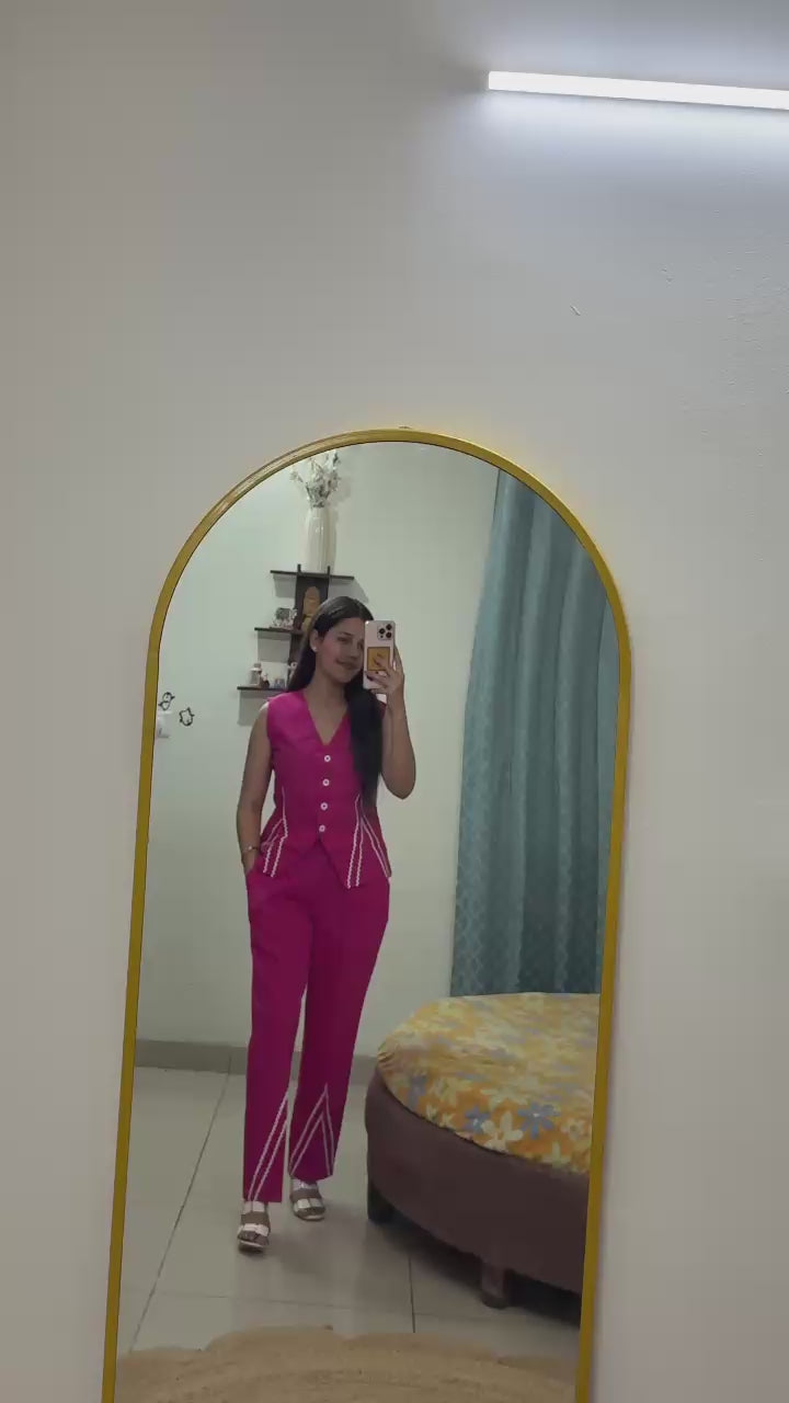 Women's Cotton Flex Co-Ord Set with Designer Button Vest Top & Pocket Pants – Purple/Pink